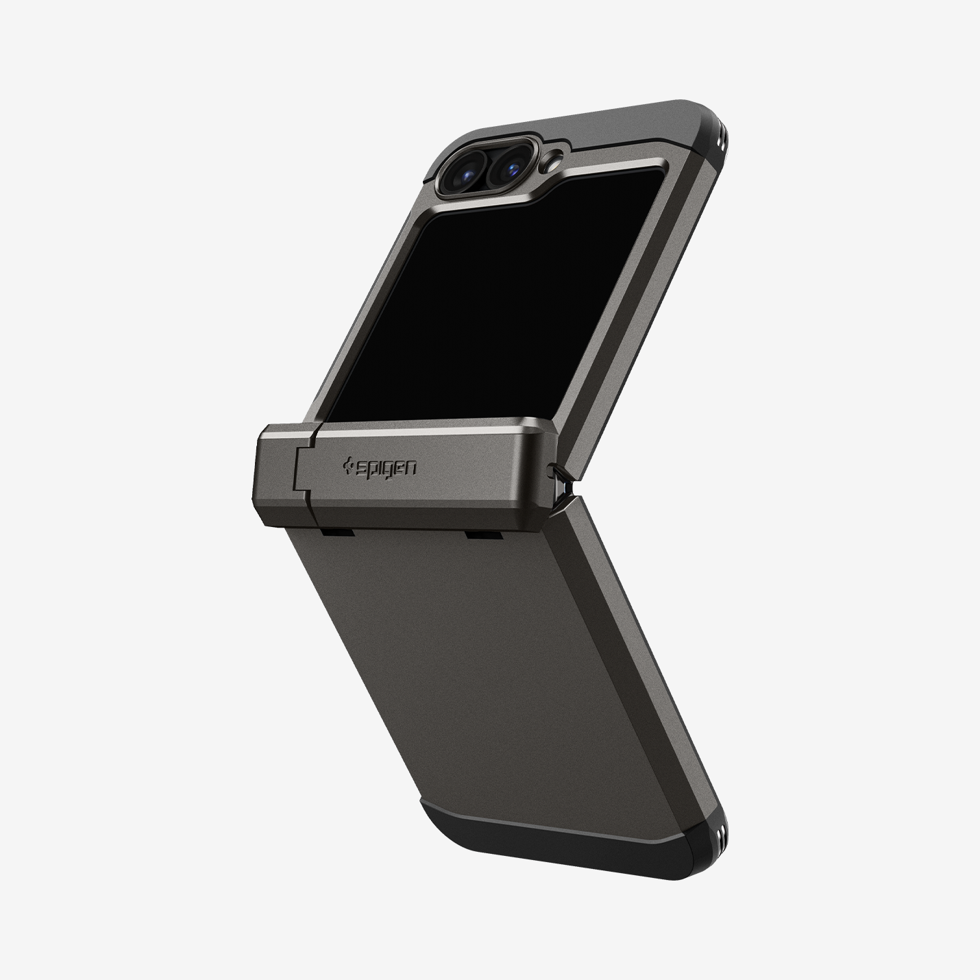 ACS08360 - Galaxy Z Flip 6 Case Tough Armor Pro in Gunmetal showing the back, partial side half folded