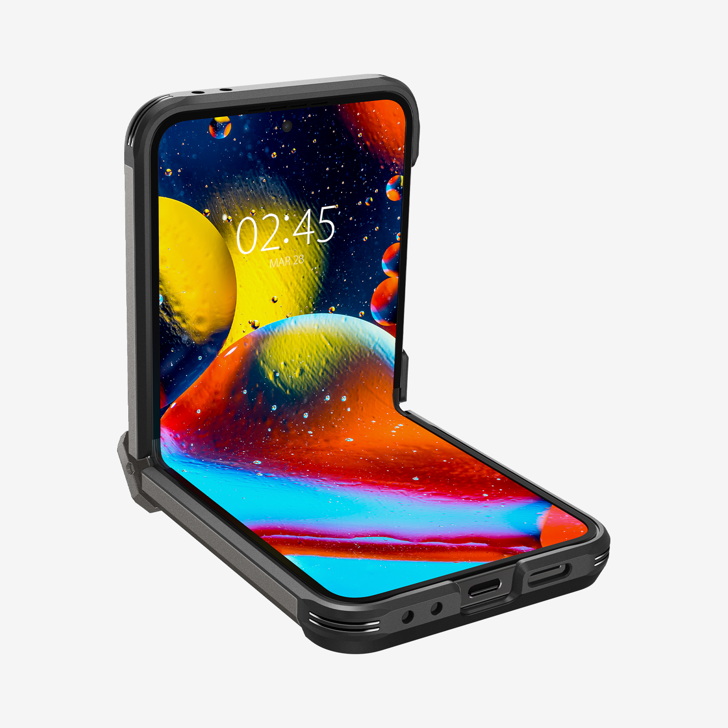 ACS08360 - Galaxy Z Flip 6 Case Tough Armor Pro in Gunmetal showing the front half open, partial sides and bottom