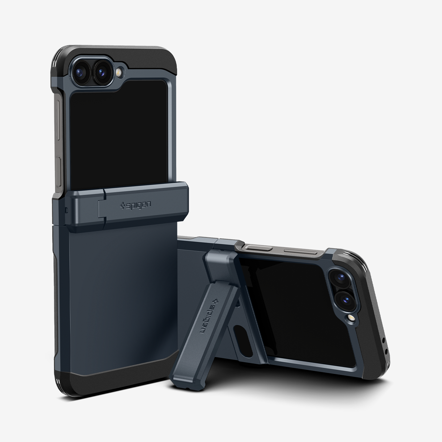 ACS08292 - Galaxy Z Flip 6 Case Tough Armor Pro in Metal Slate showing the back of two devices, propped up with a built-in kickstand