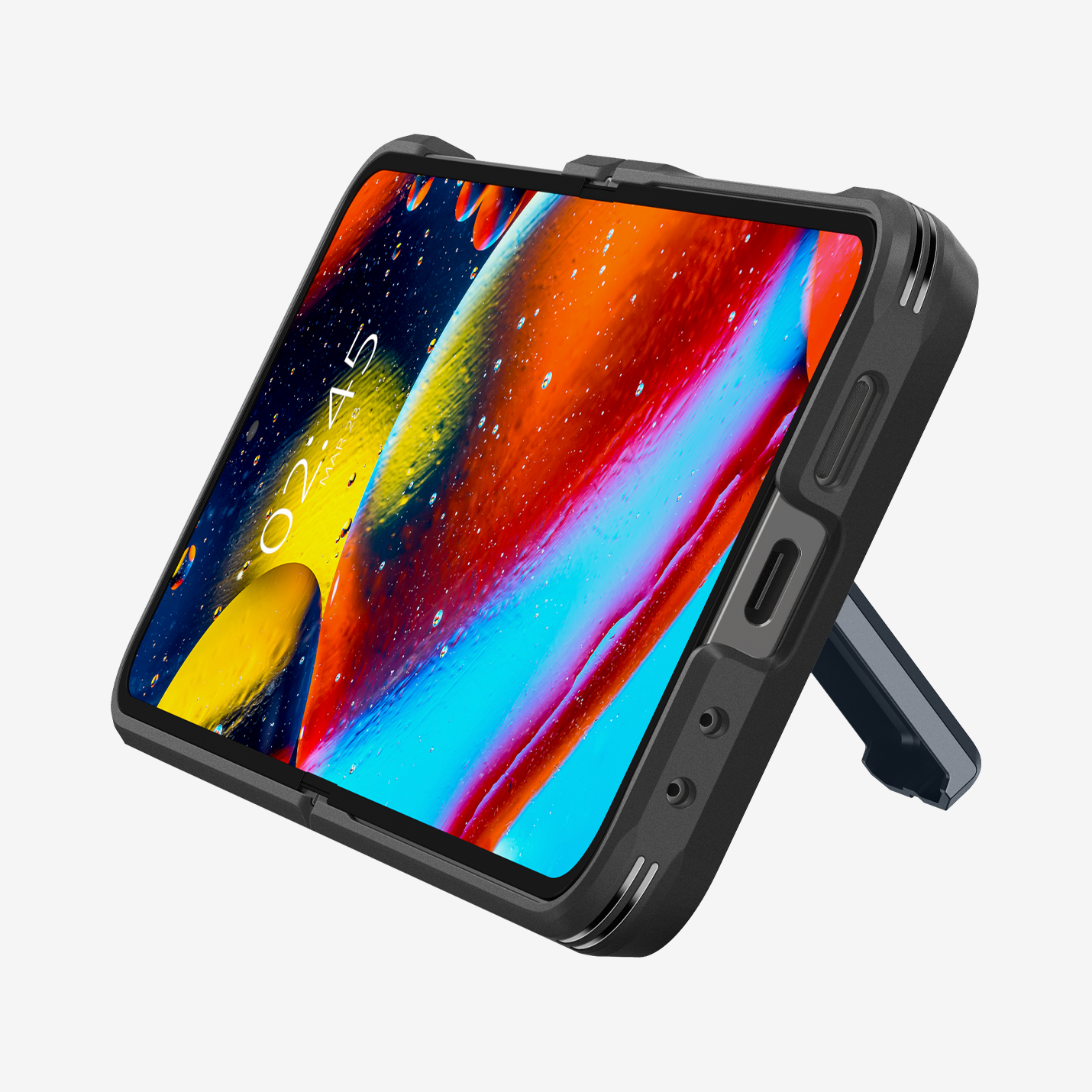 ACS08292 - Galaxy Z Flip 6 Case Tough Armor Pro in Metal Slate showing the front and bottom propped up with a built-in kickstand