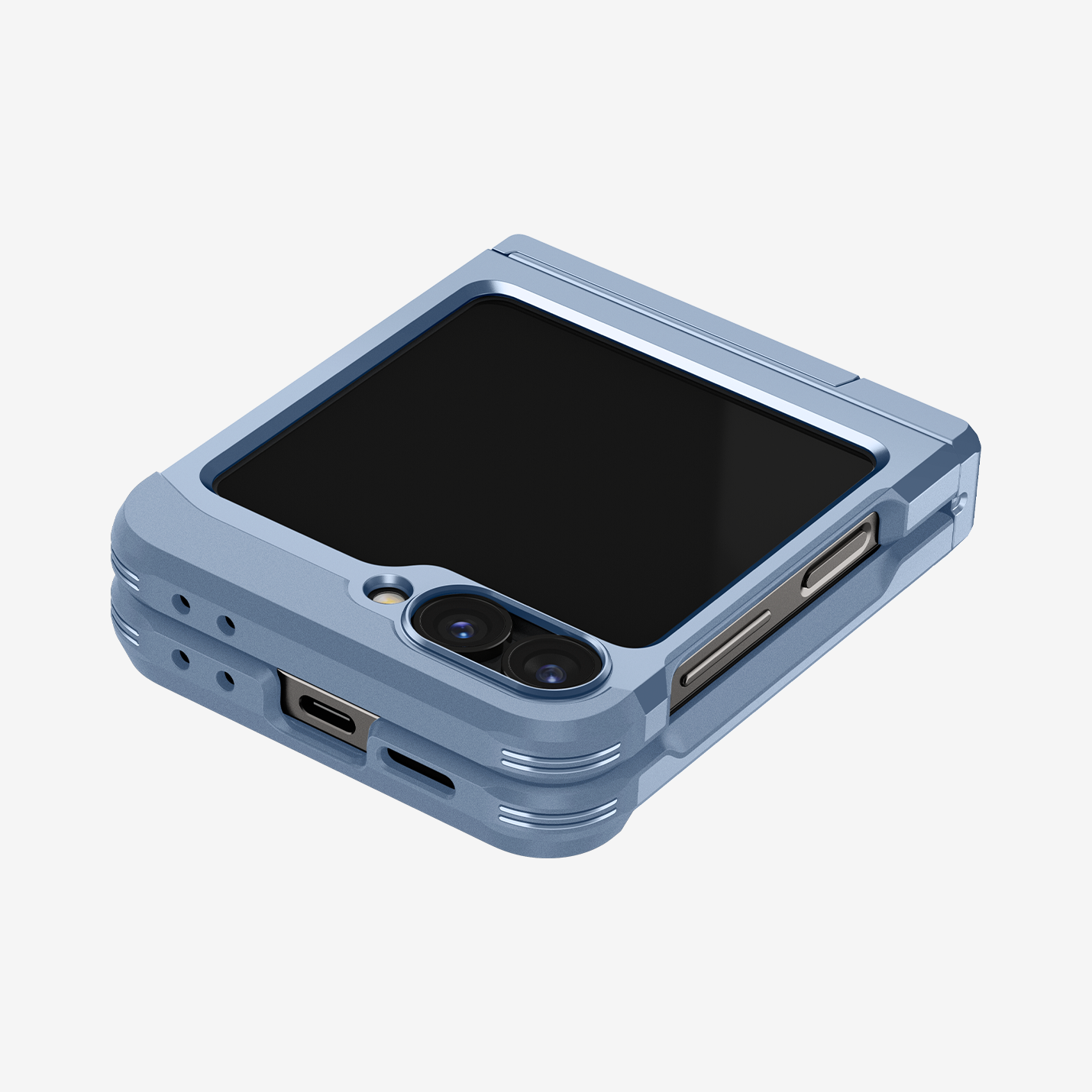 ACS08361 - Galaxy Z Flip 6 Case Tough Armor Pro in Sierra Blue showing the back folded, hinge and sides