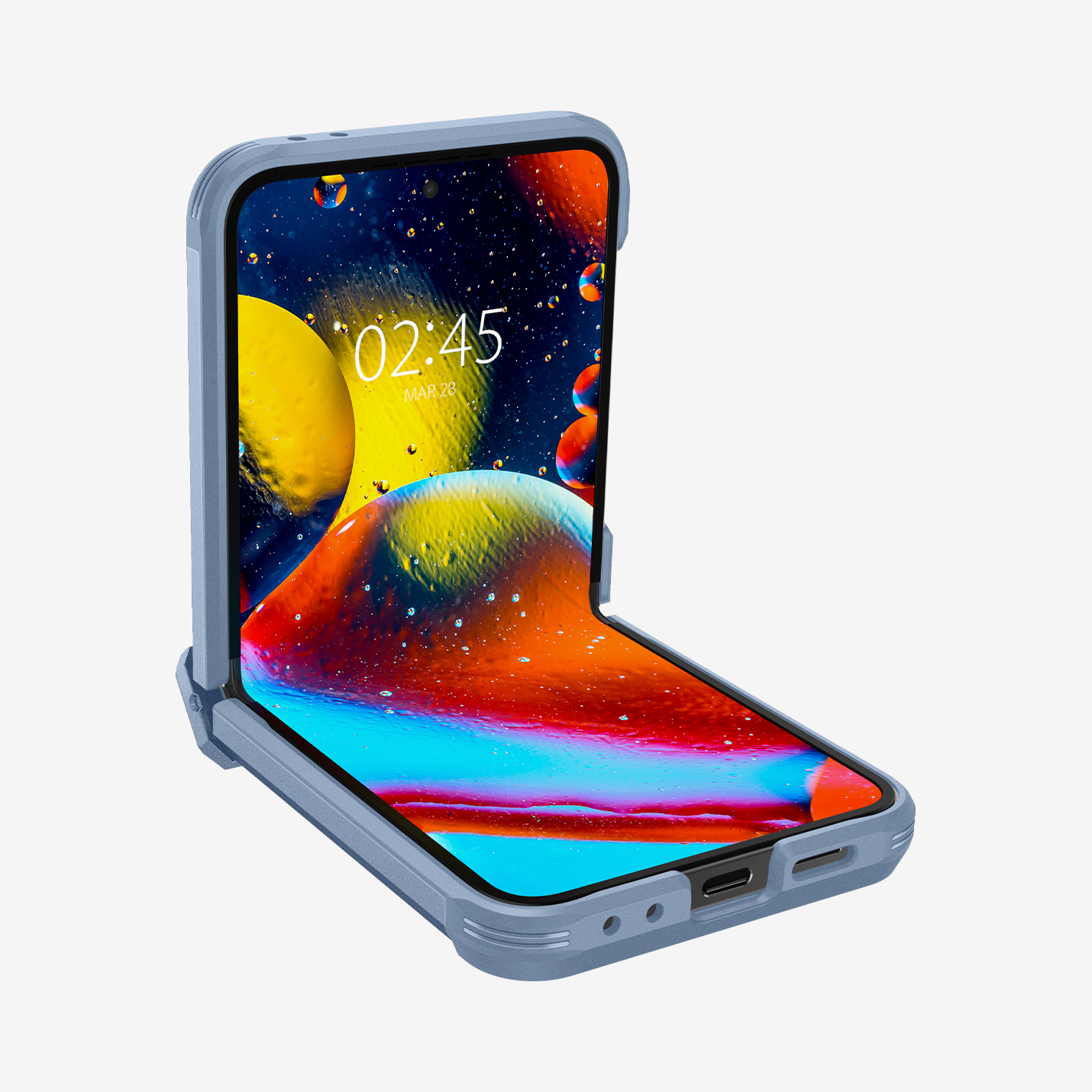 ACS08361 - Galaxy Z Flip 6 Case Tough Armor Pro in Sierra Blue showing the front half open, partial sides and bottom