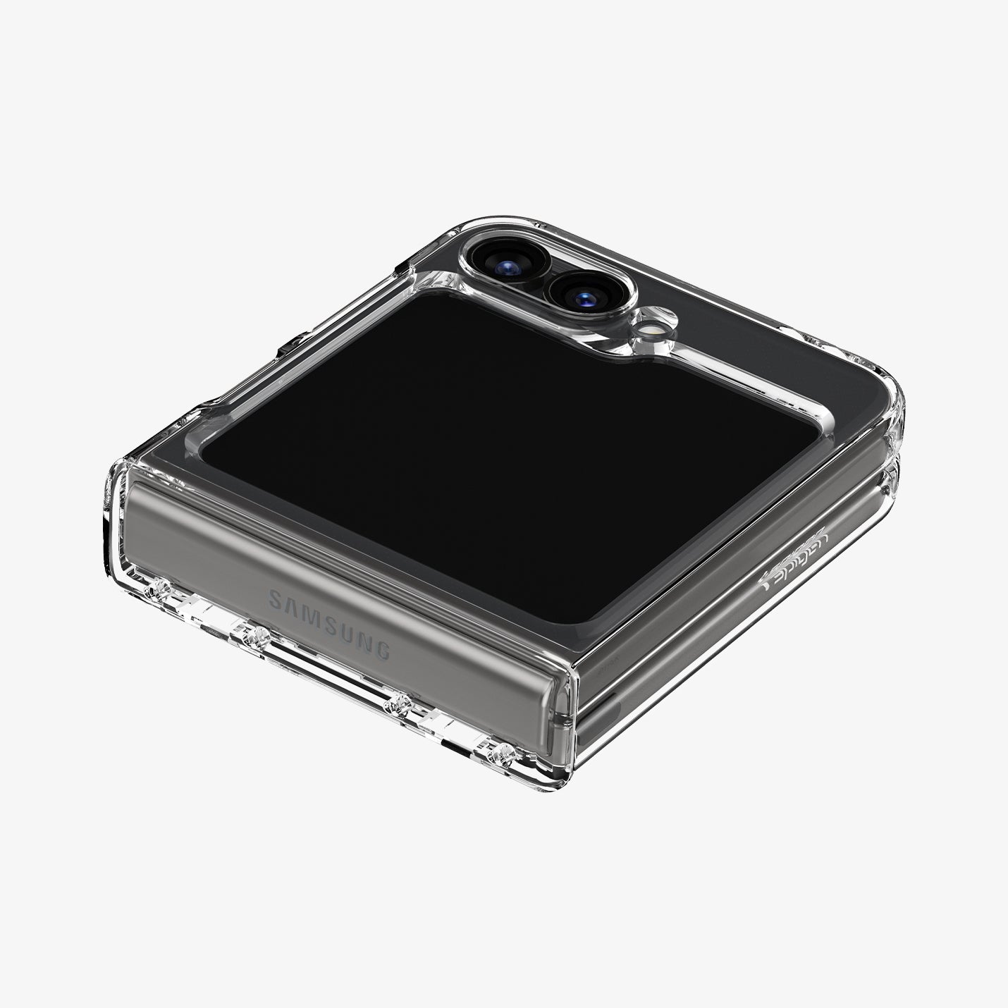 ACS07834 - Galaxy Z Flip 6 Case Ultra Hybrid Pro in Crystal Clear showing the back folded, hinge and sides