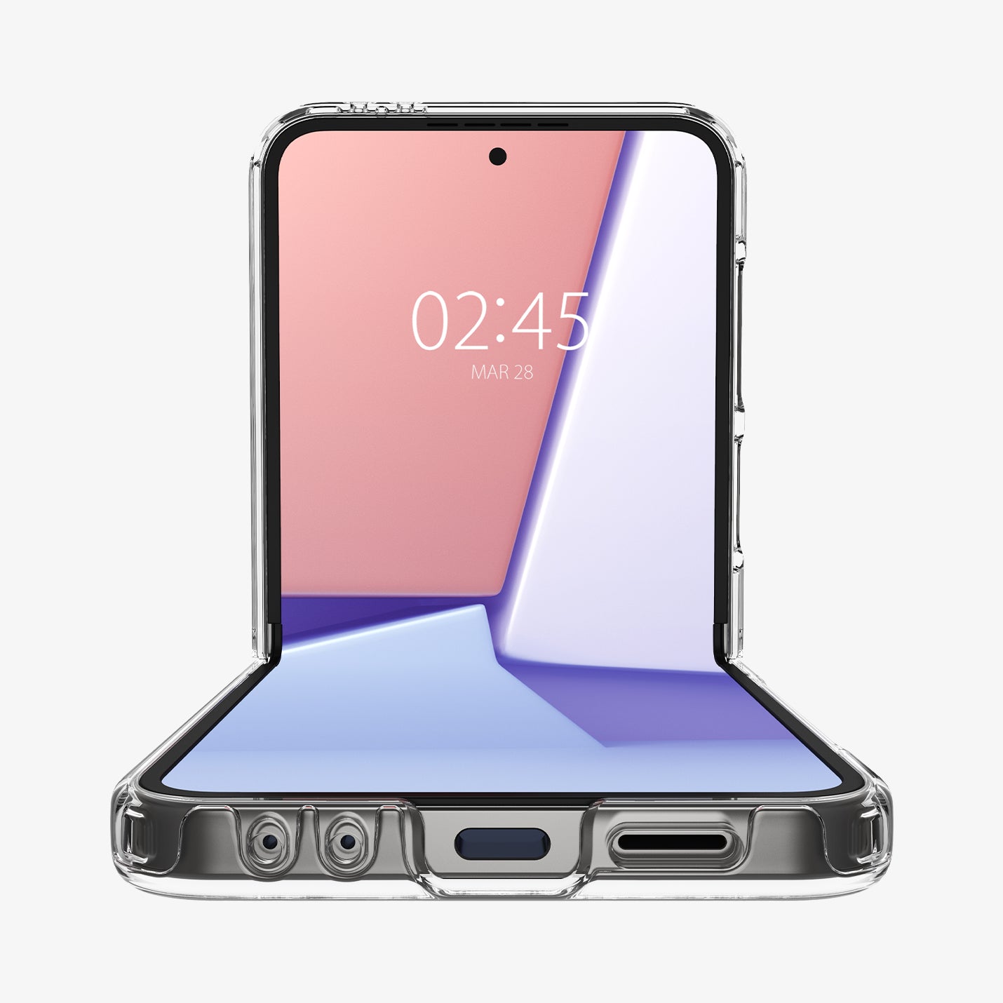 ACS07834 - Galaxy Z Flip 6 Case Ultra Hybrid Pro in Crystal Clear showing the front and partial bottom half open