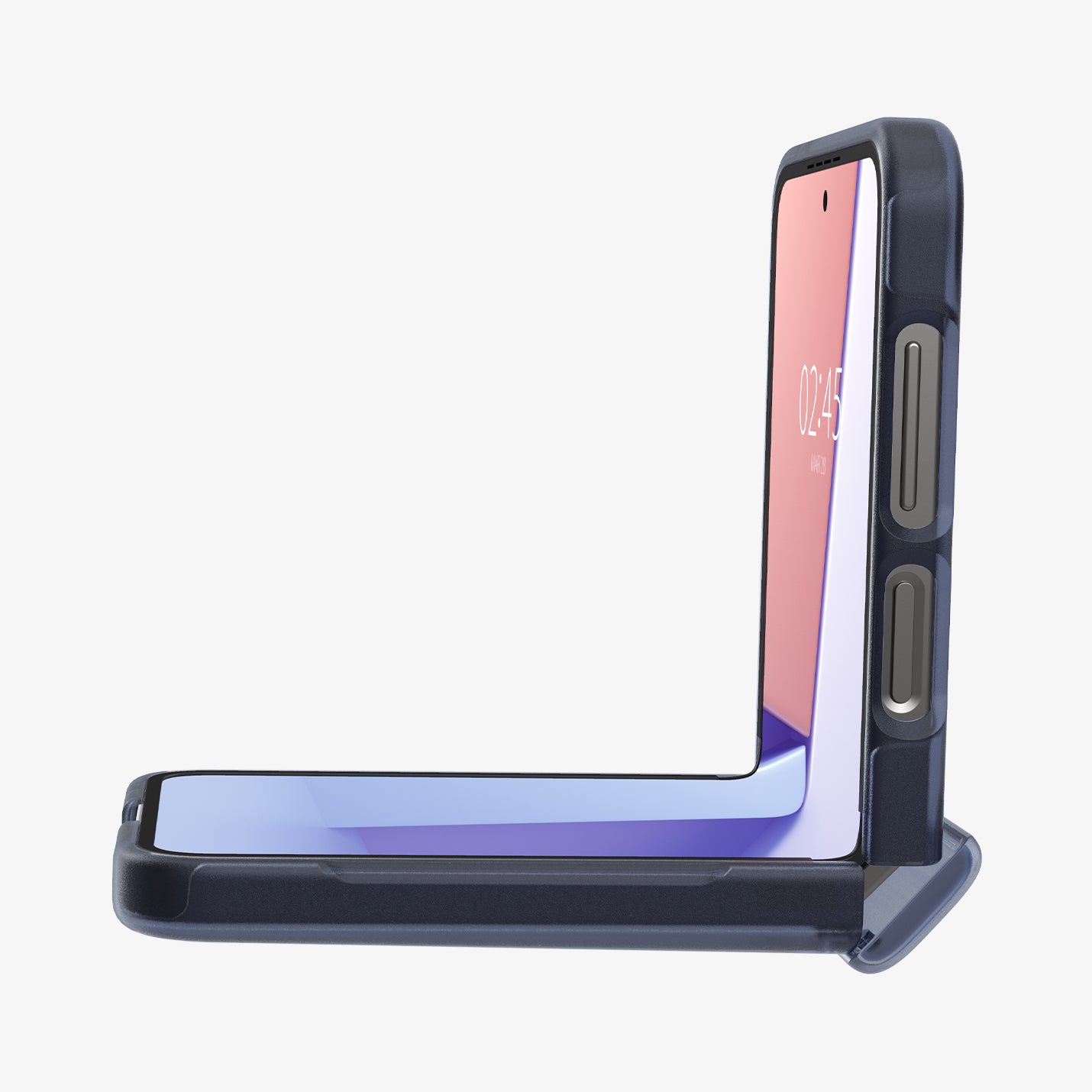 ACS08288 - Galaxy Z Flip 6 Case Ultra Hybrid Pro in Frost Navy Blue showing the side and partial front half folded