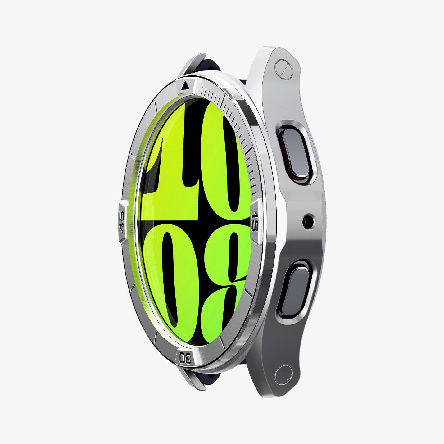 ACS08343 - New Galaxy Watch Bezel Tune Pro in Silver showing the partial front and side of an apple watch head without a strap