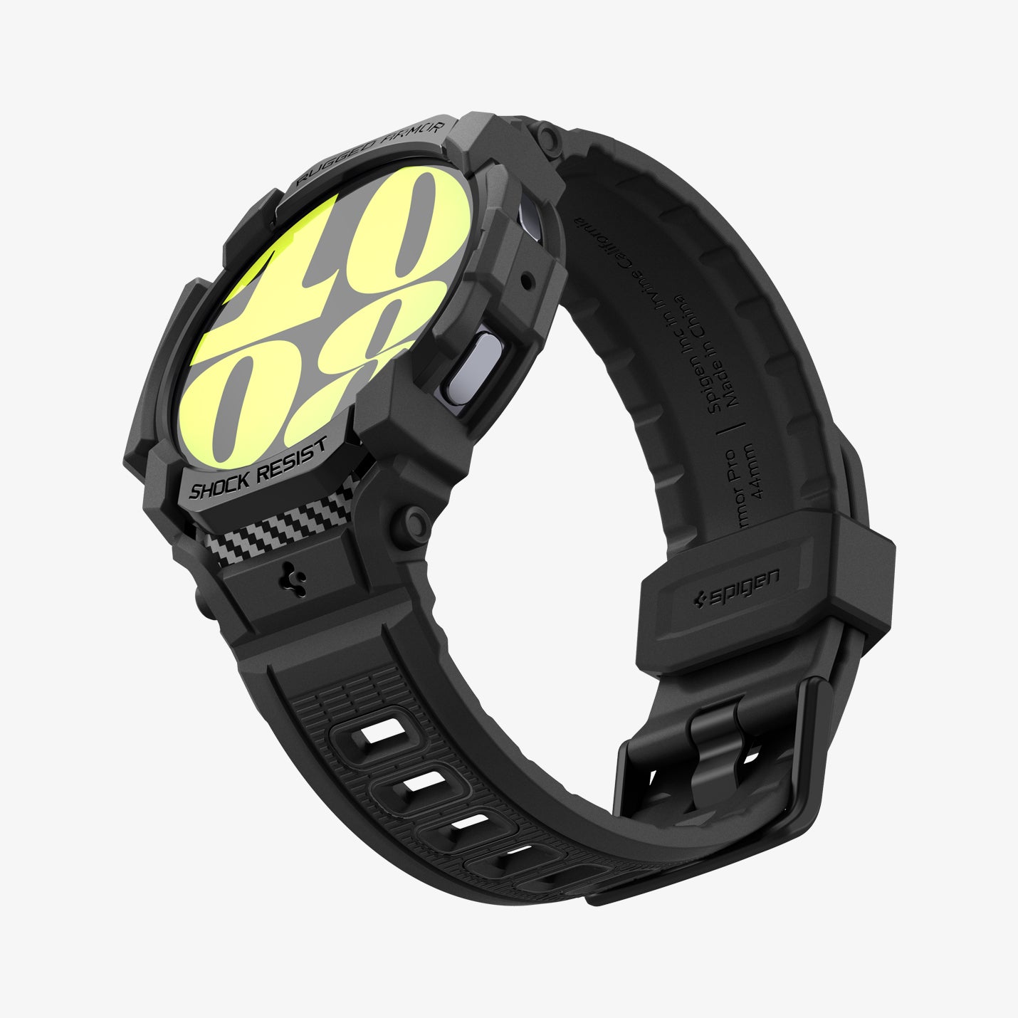 ACS08338 - Galaxy Watch 7 (44mm) Rugged Armor Pro in Matte Black showing the front, partial side, inner and bottom