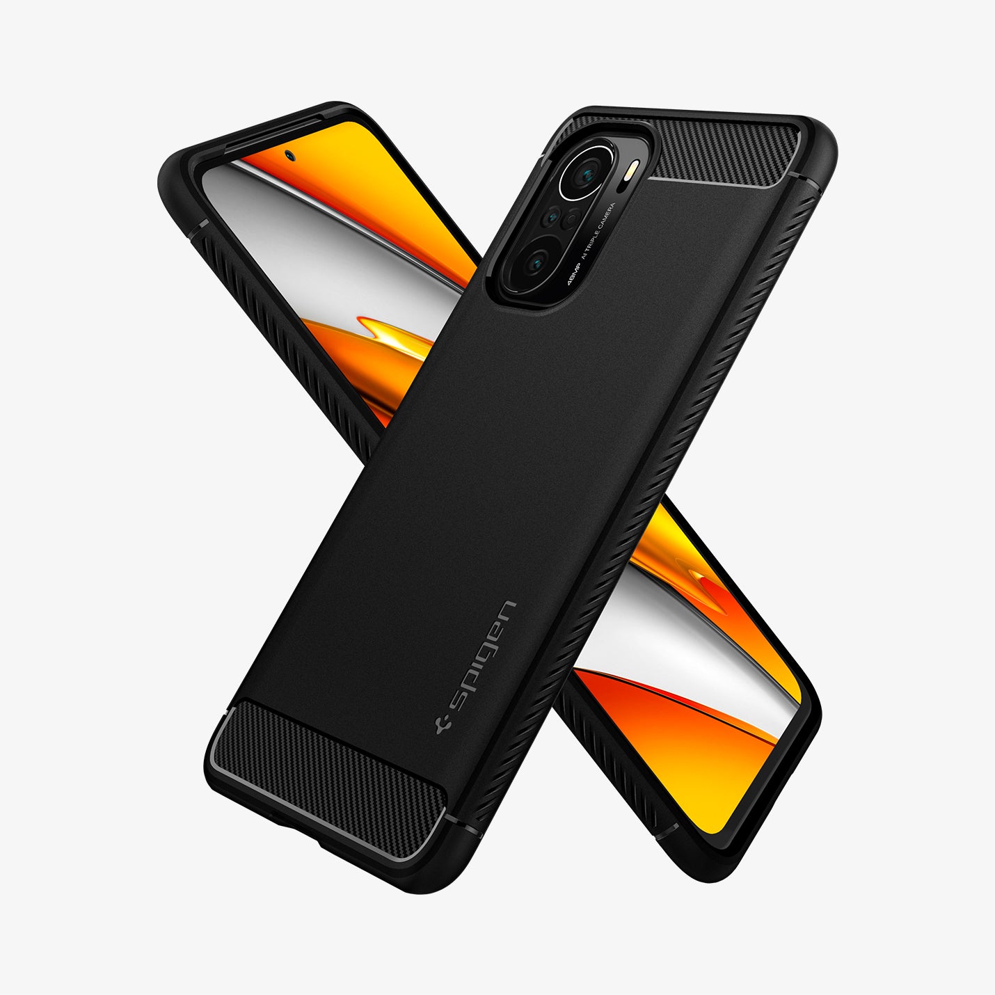 ACS03006 - Xiaomi POCO F3 Rugged Armor Case in Matte Black showing the back, partial side, next to it showing partial front and partial side