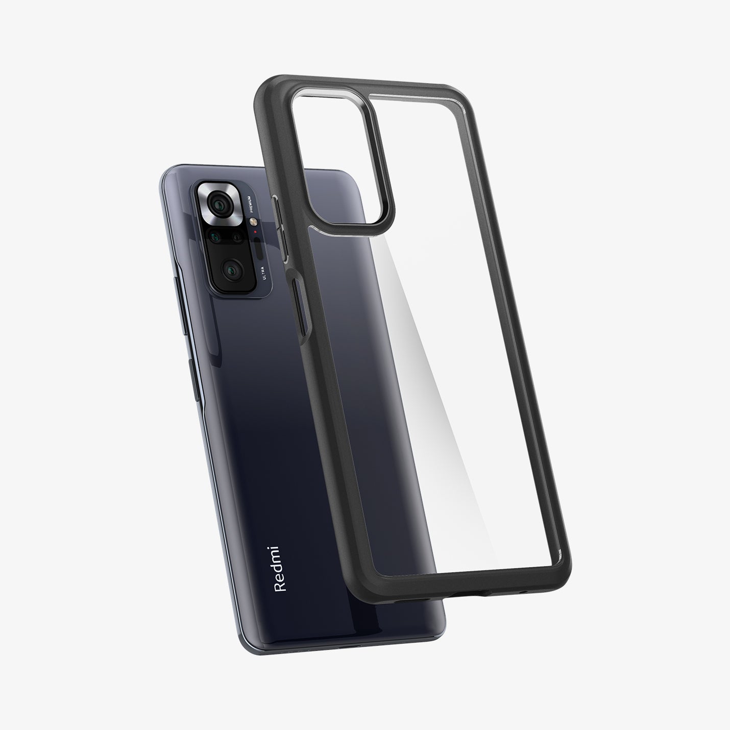 ACS02845 - Xiaomi Redmi Note 10 Pro Ultra Hybrid Case in Matte Black showing the back of semi transparent case hovering above the device