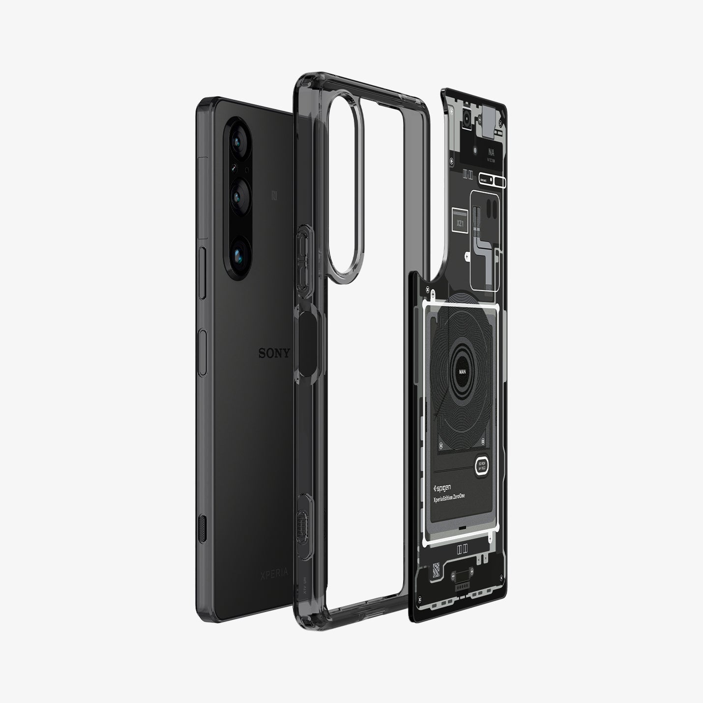 ACS06205 - Sony Xperia 1 V Case Ultra Hybrid Zero One showing the multiple layers of case hovering away from the device