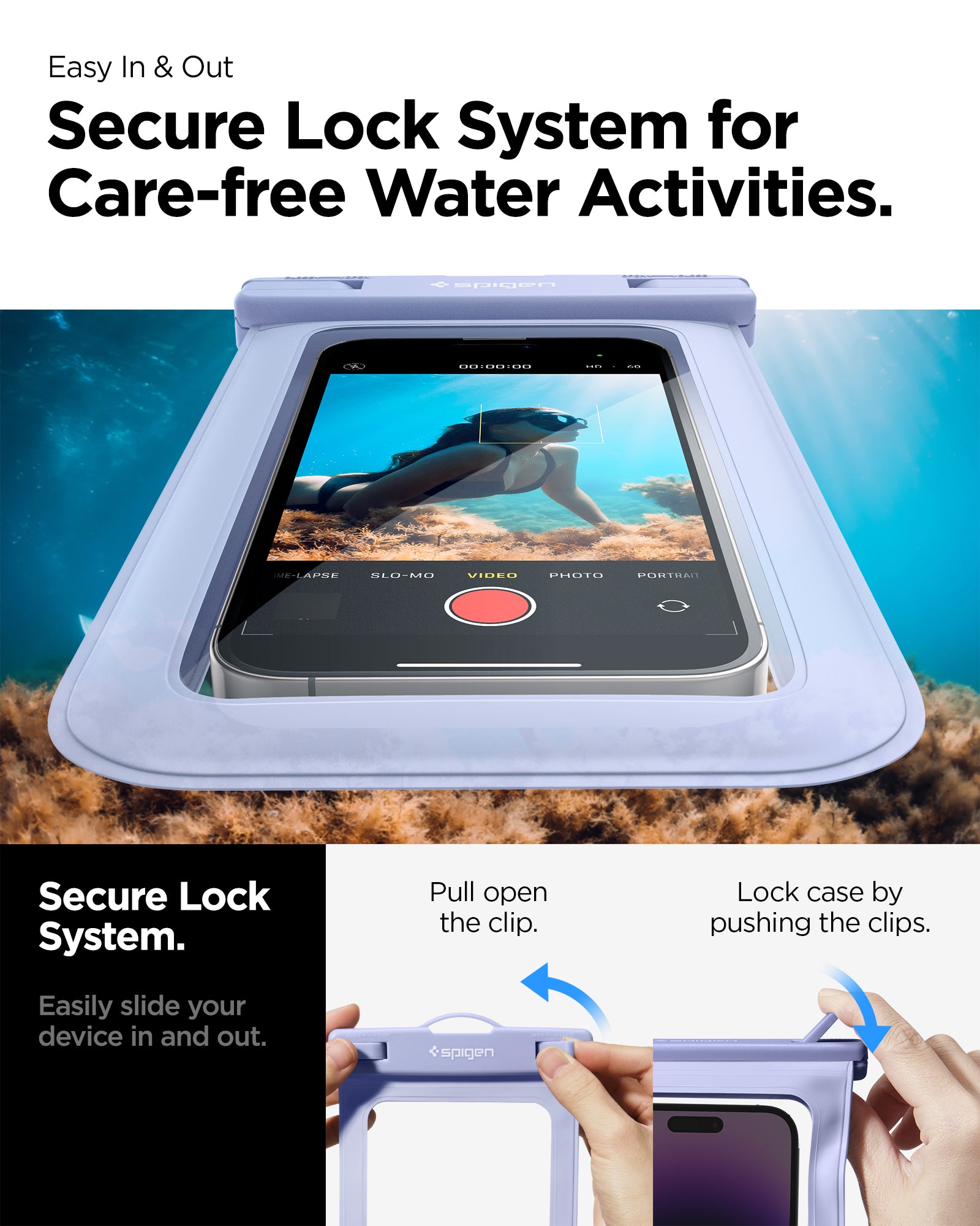 ACS06005 - AquaShield Waterproof Case A601 in Aqua Blue showing the secure lock system for care-free water activities, easily slide your device in and out