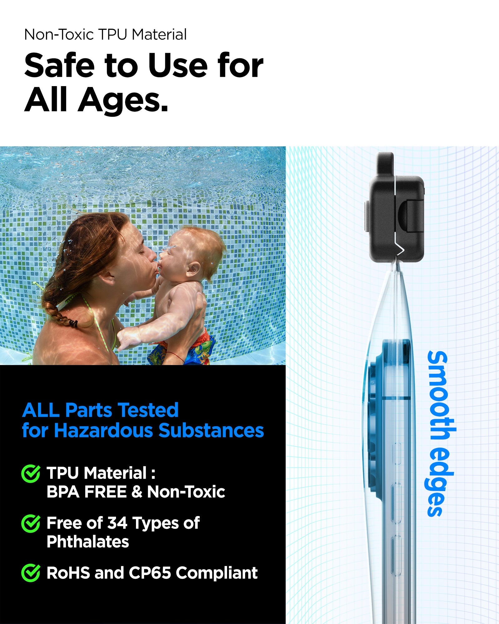 AMP03098 - AquaShield Waterproof Case (2 Pack) A601 in Crystal Clear showing the non-toxic TPU material, safe to use for all ages, all parts tested for hazardous substance, BPA Free, Free of 34 types of phthalates, RoHS and CP65 compliant