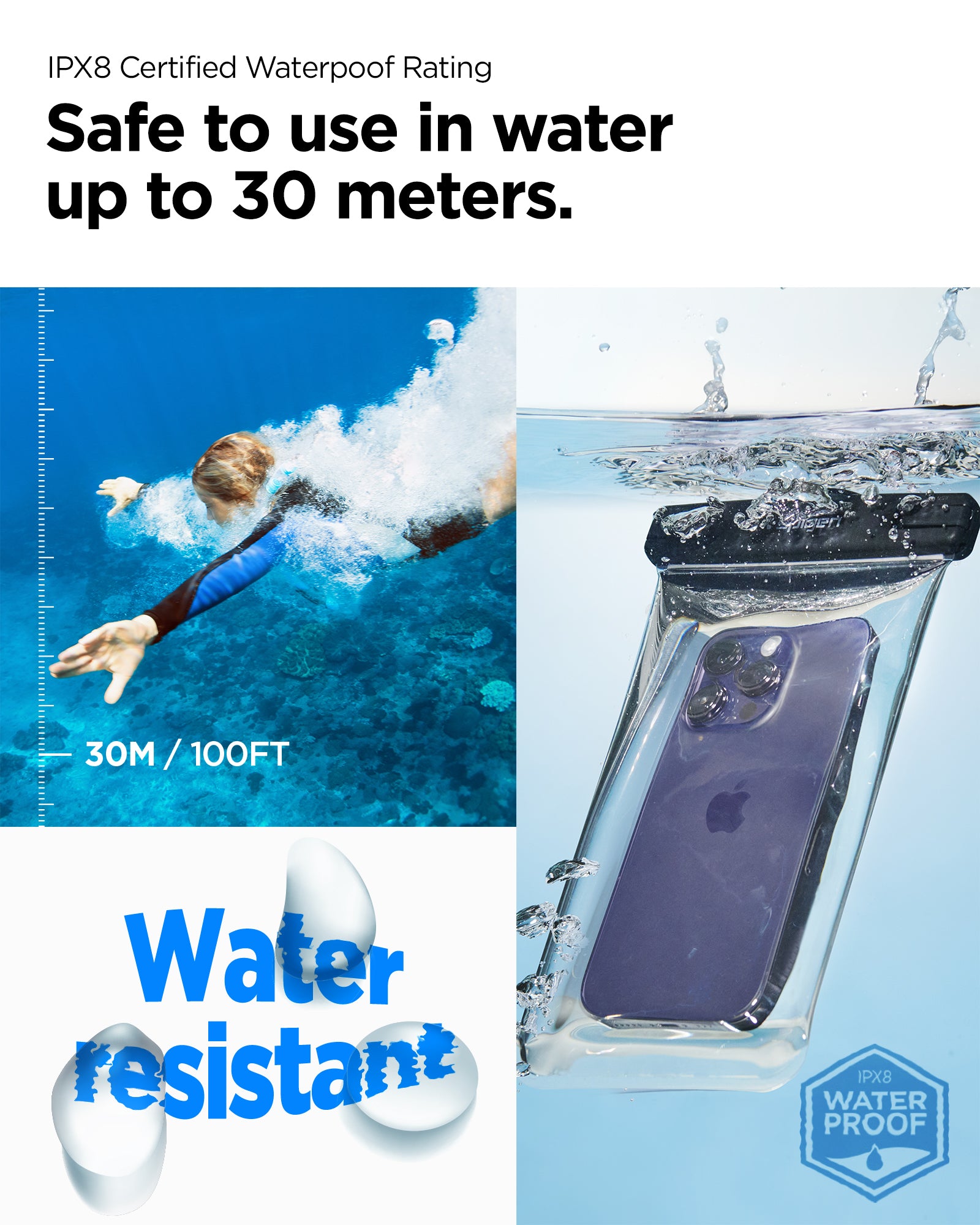 AMP03098 - AquaShield Waterproof Case (2 Pack) A601 in Crystal Clear showing the IPX8 Certified Waterproof Rating, safe to use in water up to 30M/100FT water resistant