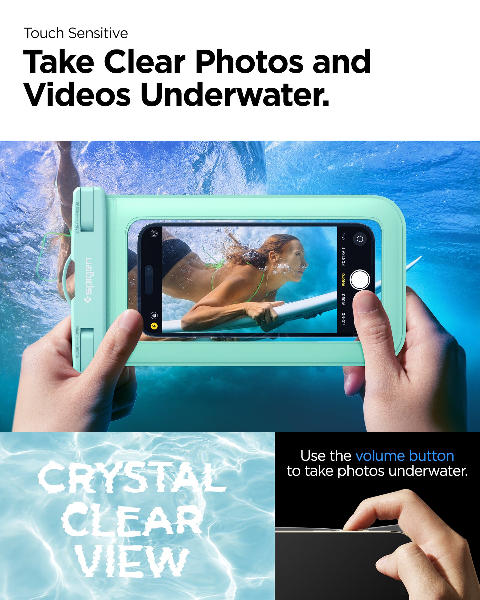 ACS06008 - AquaShield Waterproof Case A601 in Mint showing the touch sensitivity, can take clear photos and videos underwater, use volume button to take photos underwater