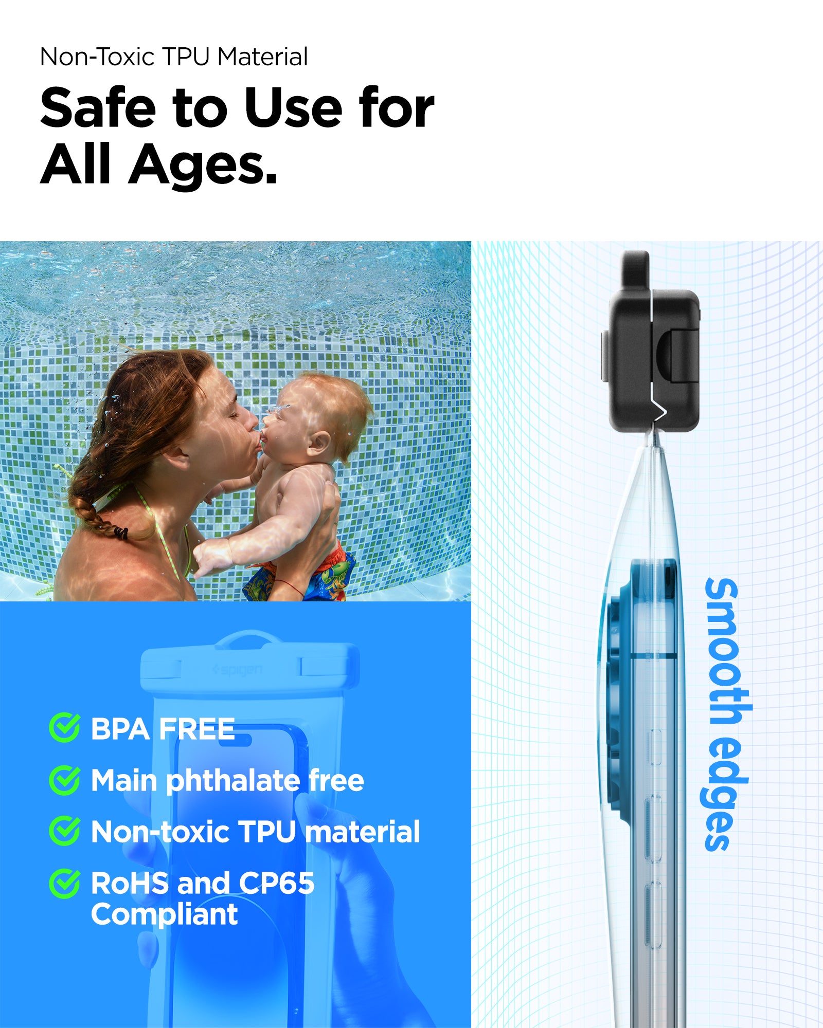 ACS06013 - AquaShield Waterproof Case (2 Pack) A601 in Crystal Clear showing the non-toxic TPU material, safe to use for all ages, all parts tested for hazardous substance, BPA Free, Free of 34 types of phthalates, RoHS and CP65 compliant