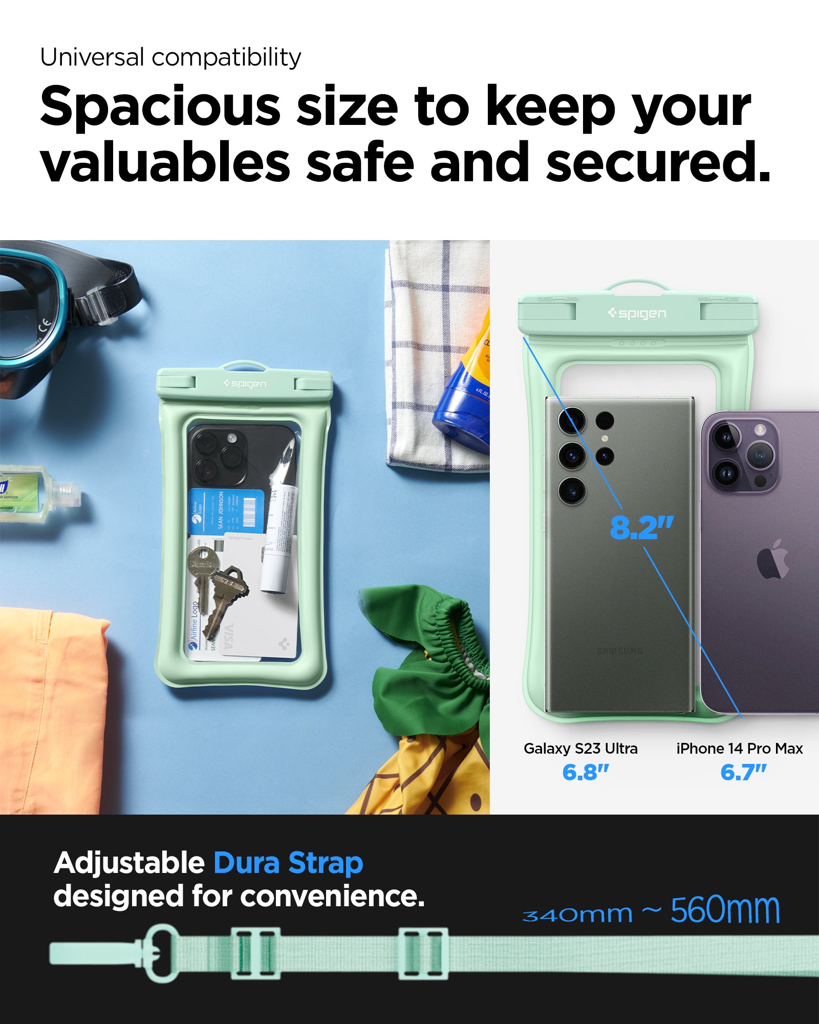 ACS06012 - AquaShield Waterproof Floating Case A610 in Mint showing the universal compatibility, spacious size to keep your valuables safe and secured, adjustable dura strap designed for convenience with 340mm - 560mm in length