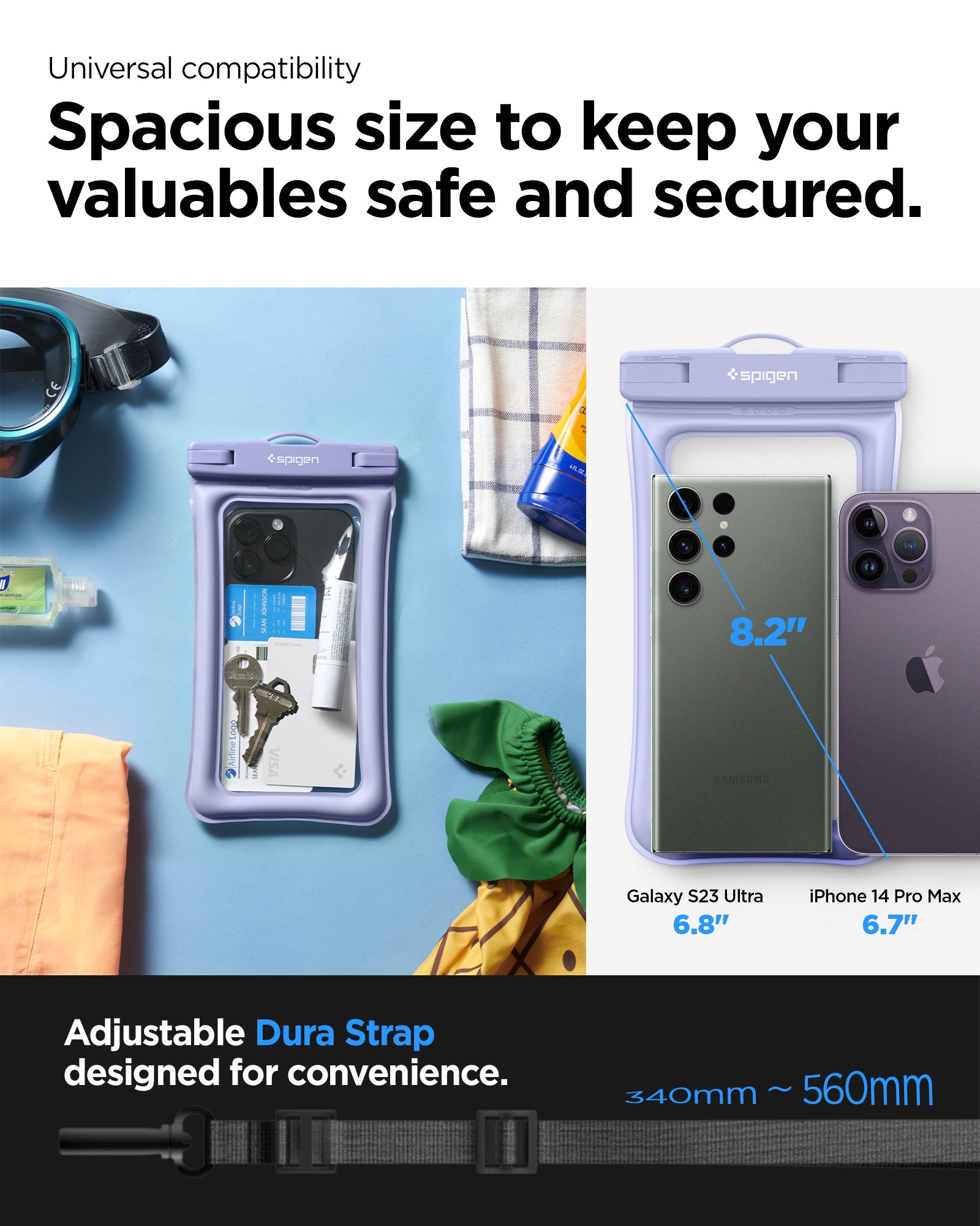 ACS06009 - AquaShield Waterproof Floating Case A610 in Aqua Blue showing the universal compatibility, spacious size to keep your valuables safe and secured, adjustable dura strap designed for convenience with 340mm - 560mm in length