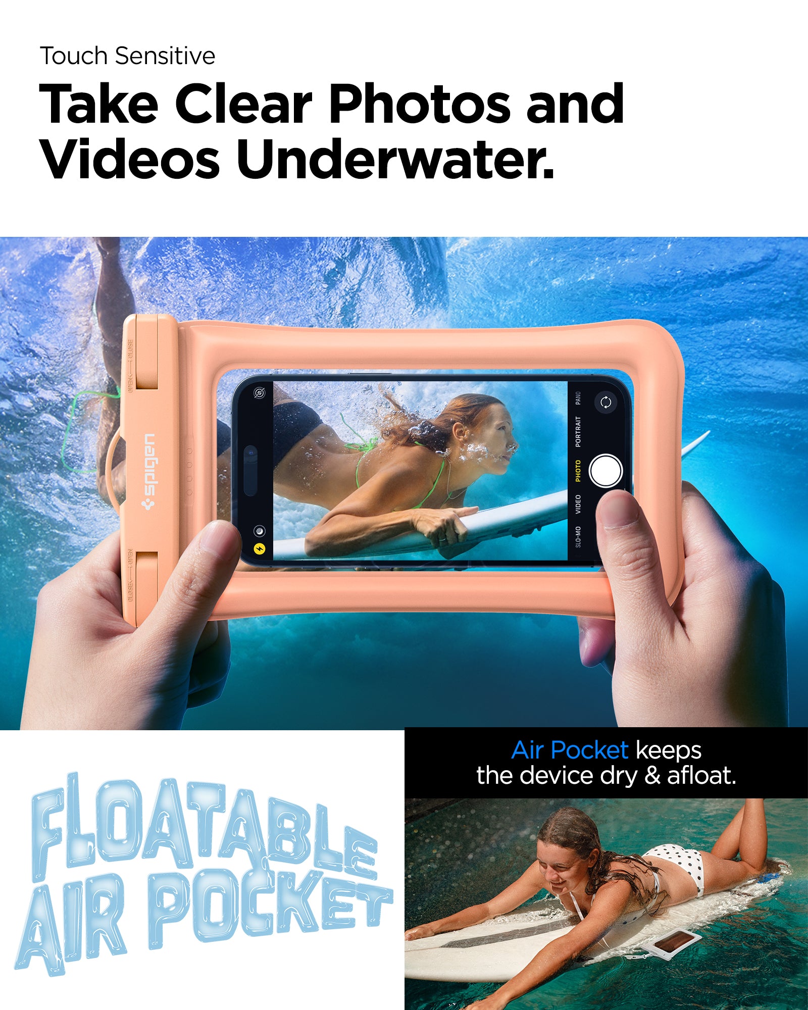 ACS06011 - AquaShield Waterproof Floating Case A610 in Apricot showing the touch sensitivity, can take clear photos and videos underwater,, air pocket keeps the device dry and afloat