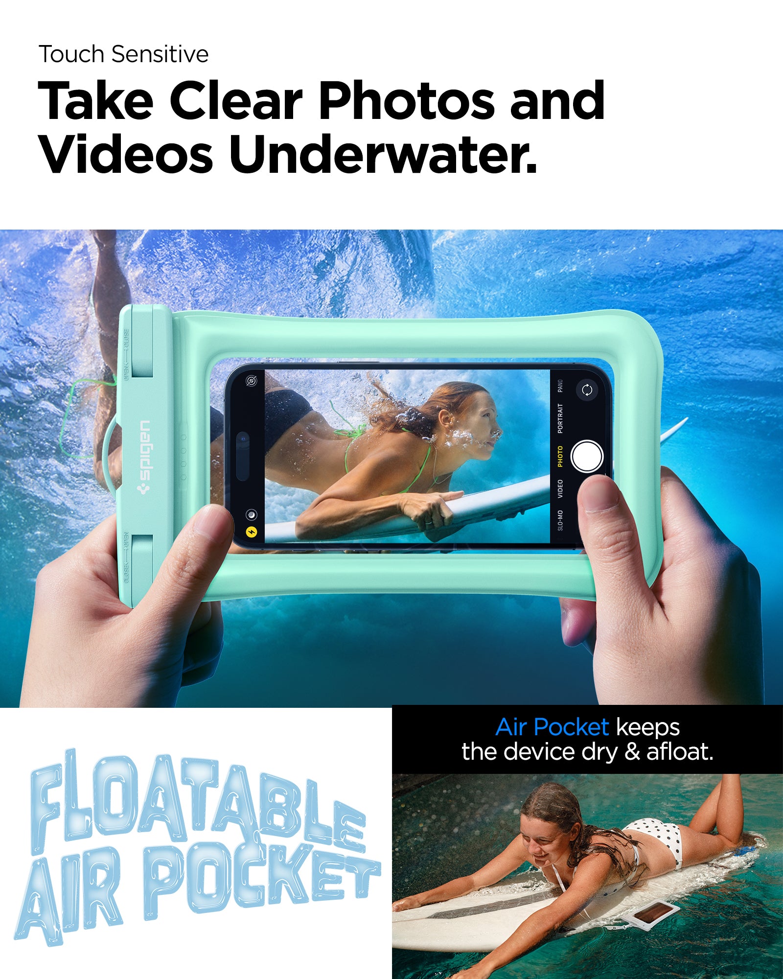 ACS06012 - AquaShield Waterproof Floating Case A610 in Mint showing the touch sensitivity, can take clear photos and videos underwater,, air pocket keeps the device dry and afloat