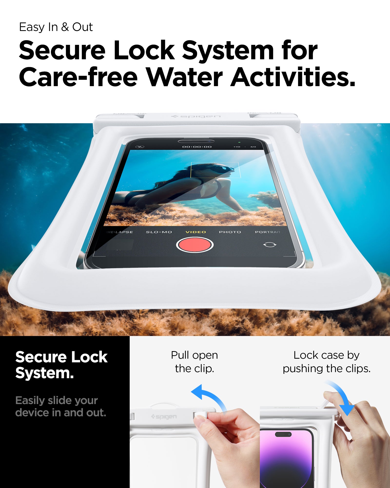 ACS06010 - AquaShield Waterproof Floating Case A610 in White showing the secure lock system for care-free water activities, easily slide your device in and out