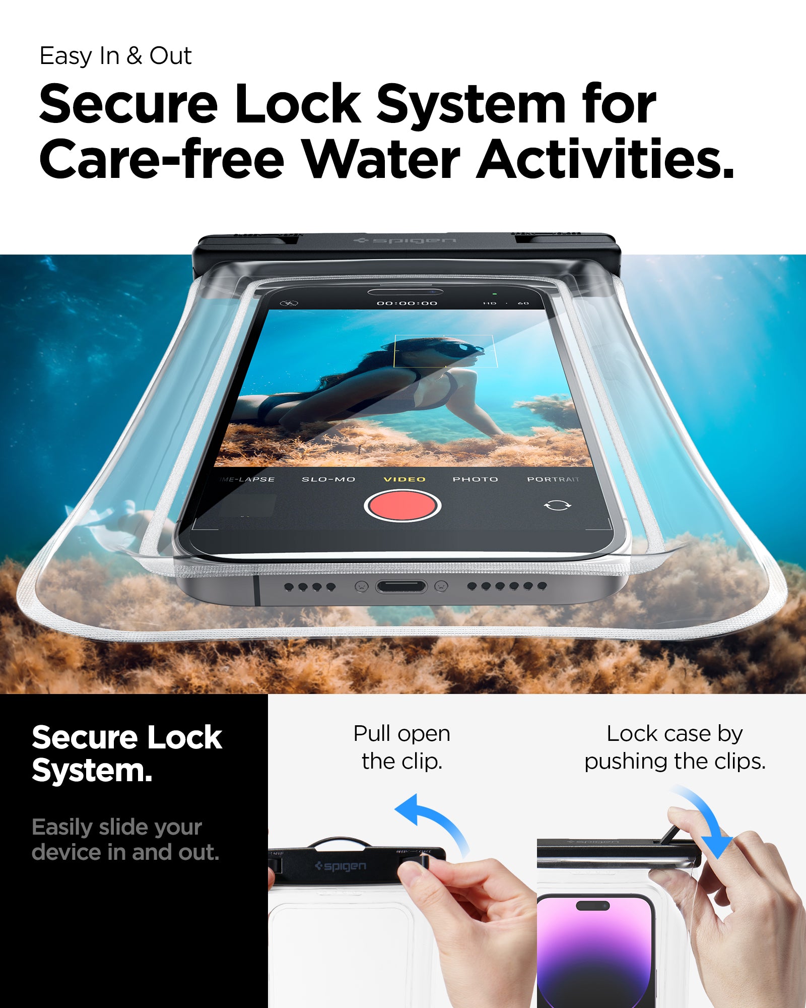 AMP04530 - AquaShield Waterproof Floating Case A610 in Crystal Clear showing the secure lock system for care-free water activities, easily slide your device in and out