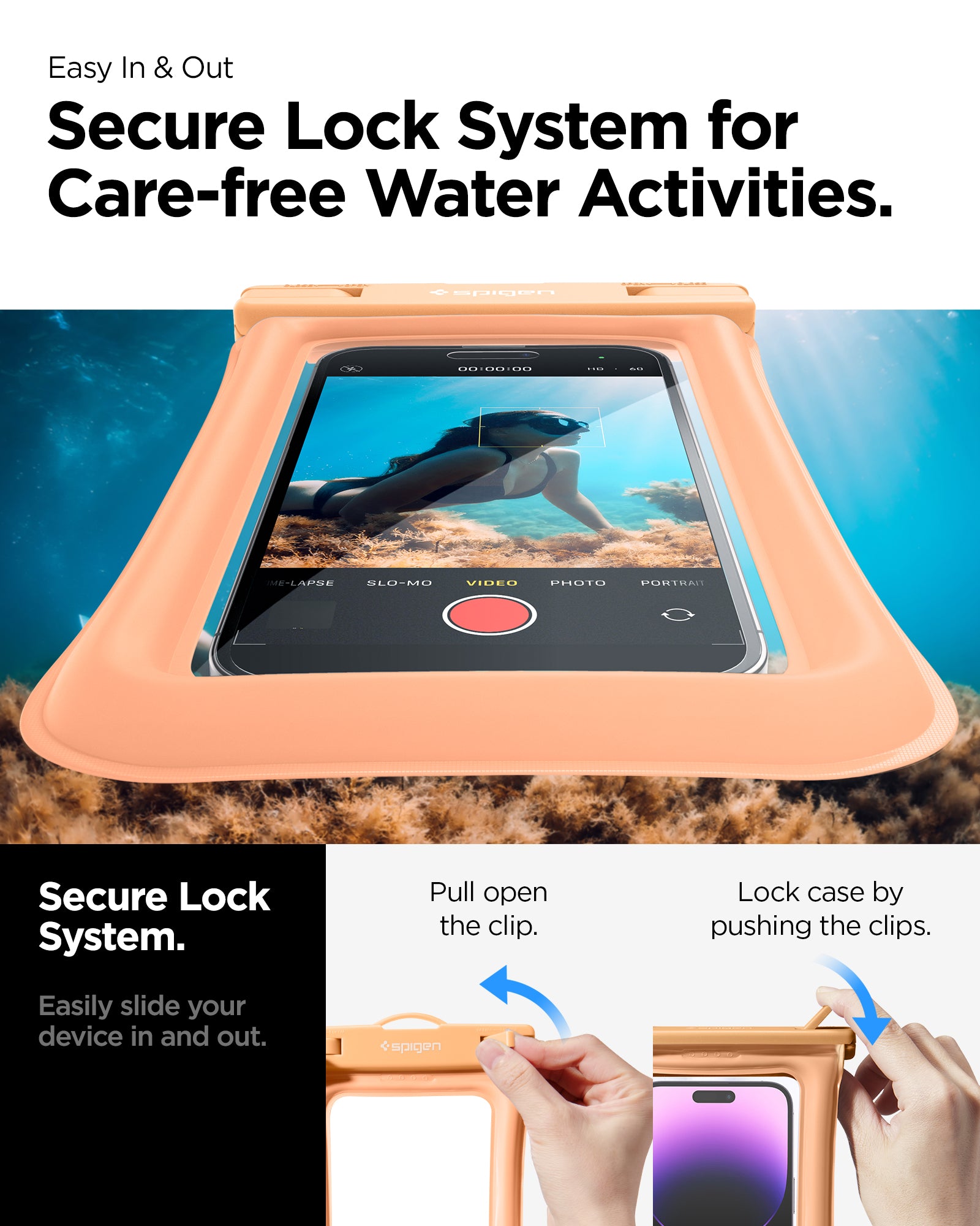 ACS06011 - AquaShield Waterproof Floating Case A610 in Apricot showing the secure lock system for care-free water activities, easily slide your device in and out