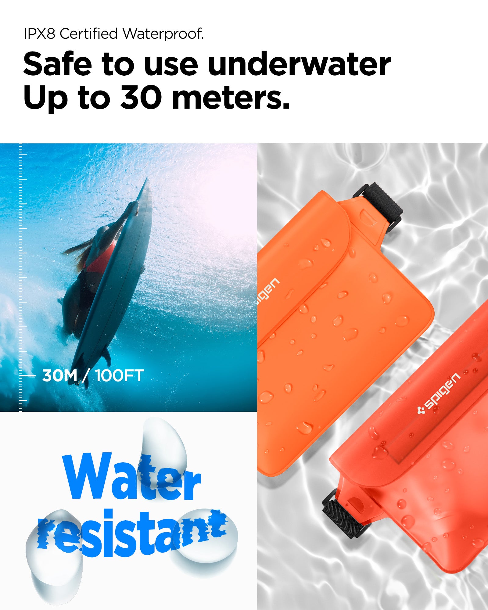 AMP06021 - AquaShield Waterproof Waist Bag (2 Pack) A620 in Sunset Orange showing the IPX8 Certified Waterproof, safe to use underwater to 30 meters (30M / 100FT)