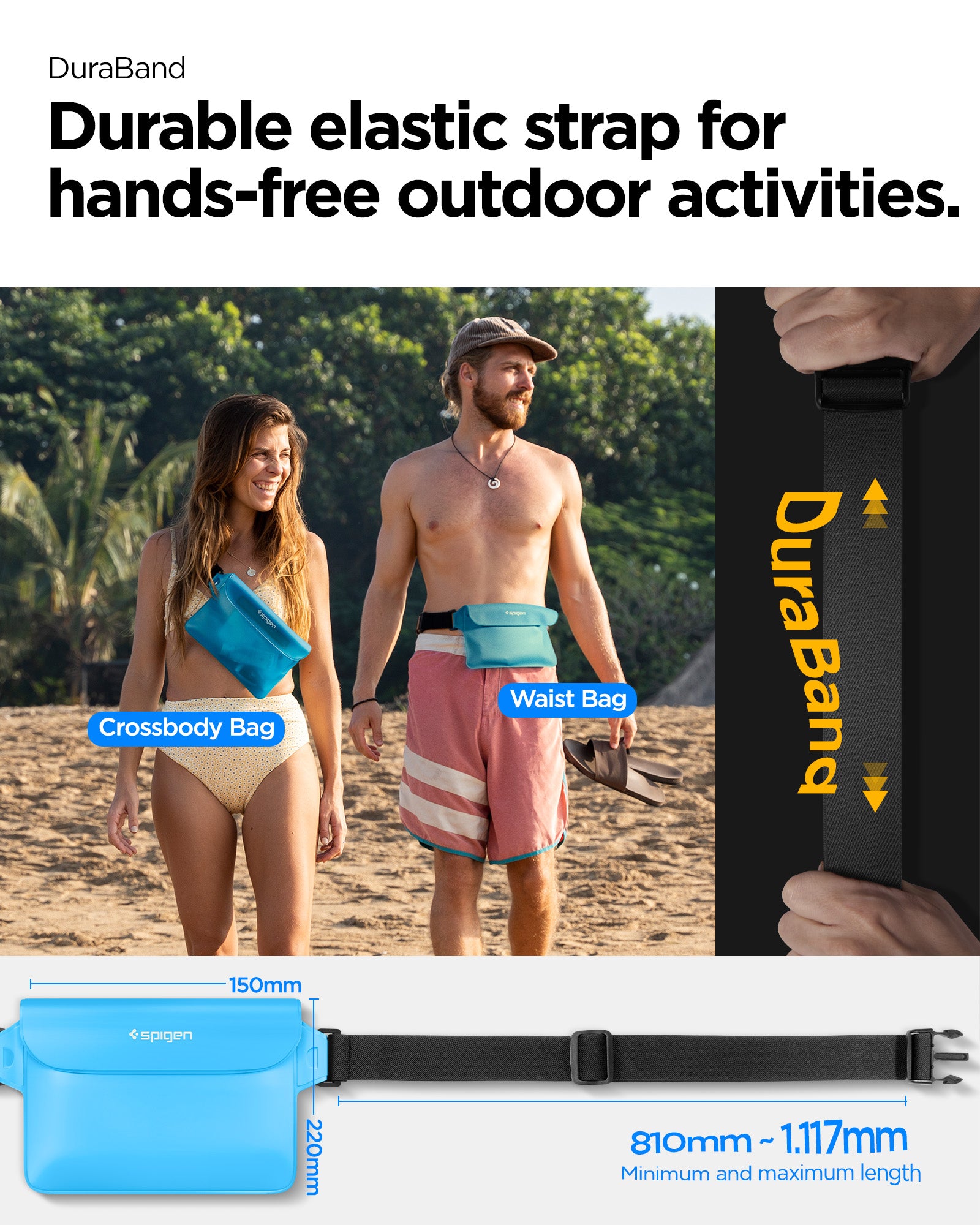 AMP06020 - AquaShield Waterproof Waist Bag (2 Pack) A620 in Sea Blue showing the durable elastic strap for hands-free outdoor activities, with 810mm-1.117mm length