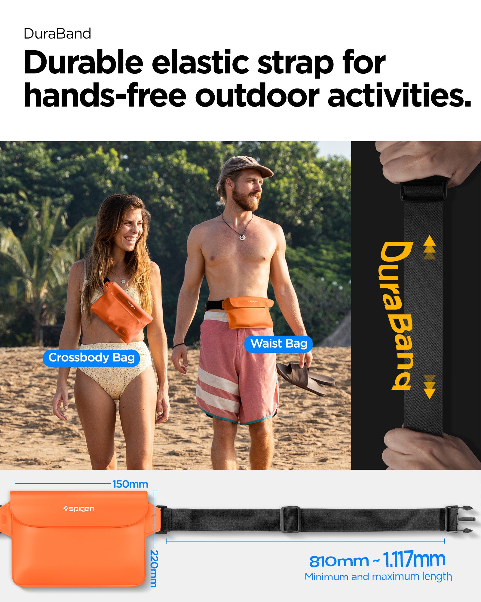 AMP06021 - AquaShield Waterproof Waist Bag (2 Pack) A620 in Sunset Orange showing the durable elastic strap for hands-free outdoor activities, with 810mm-1.117mm length