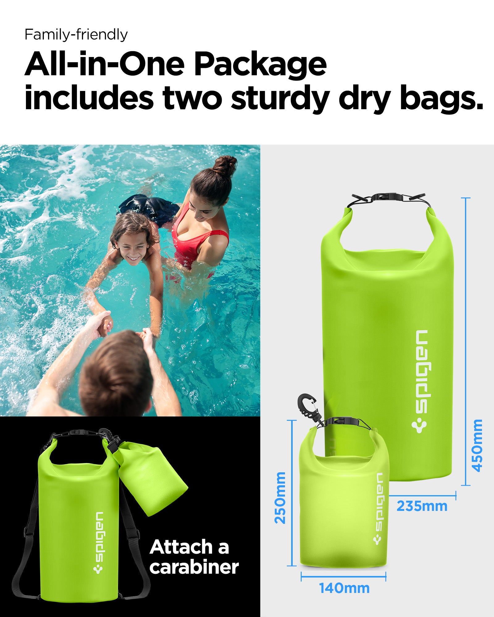 AMP06027 - AquaShield Waterproof Bag A630 in Cactus Green showing the family friendly, all in one package, includes two sturdy dry bags with carabiner larger bag size: 450mmx235mm smaller bag size: 250mmx140mm