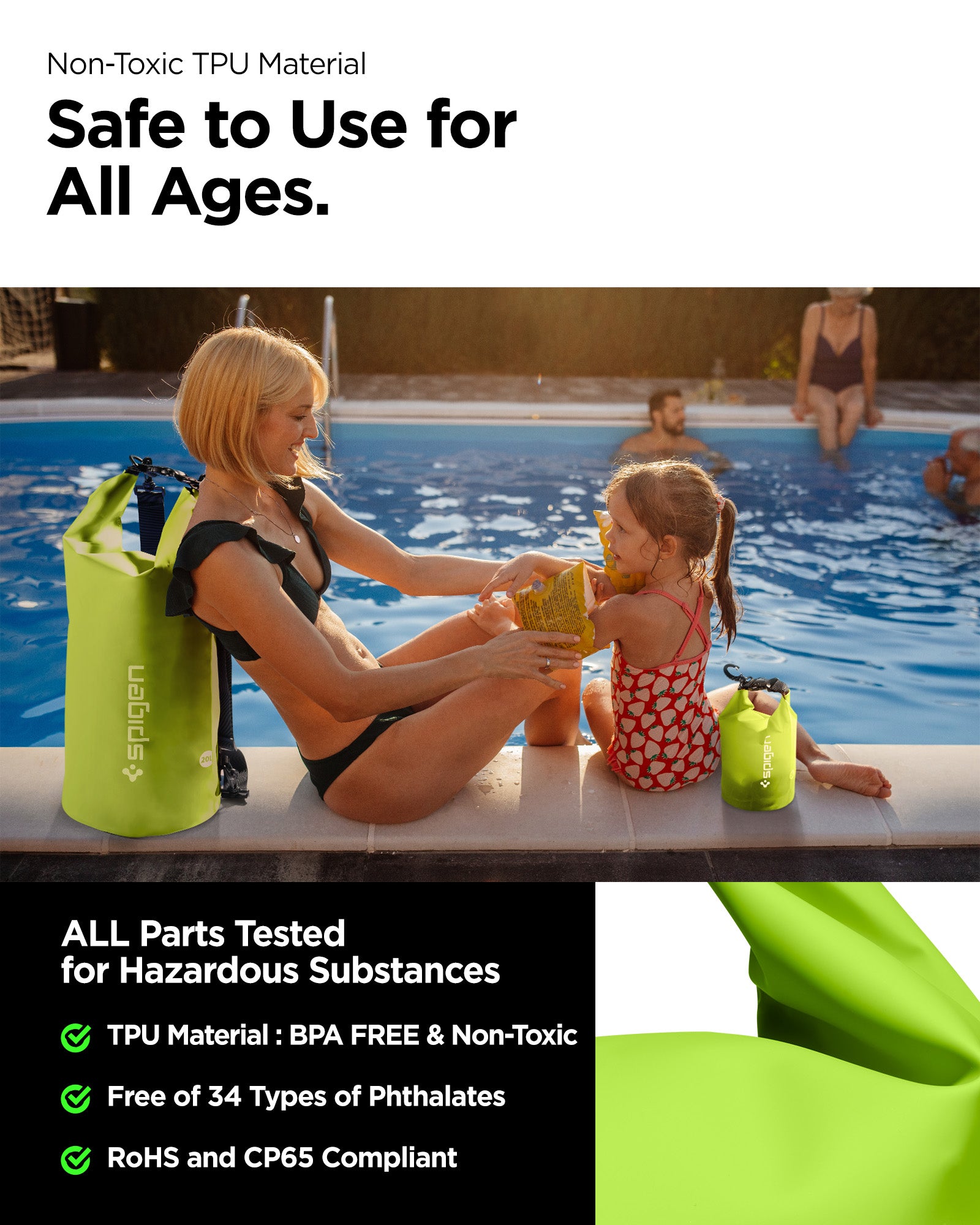 AMP06027 - AquaShield Waterproof Bag A630 in Cactus Green showing the non-toxic TPU material, safe to use for all ages, all parts tested for hazardous substance bpa free, free of 34 types of phthalates and RoHS and CP65 compliant