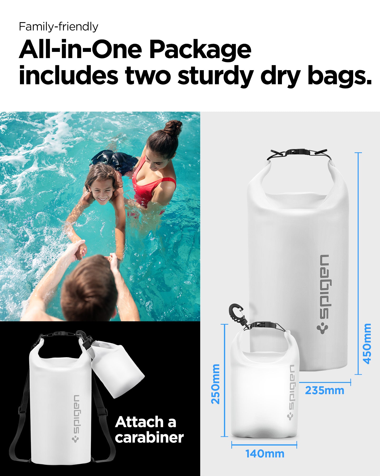 AMP06026 - AquaShield Waterproof Bag A630 in Snow White showing the family friendly, all in one package, includes two sturdy dry bags with carabiner larger bag size: 450mmx235mm smaller bag size: 250mmx140mm