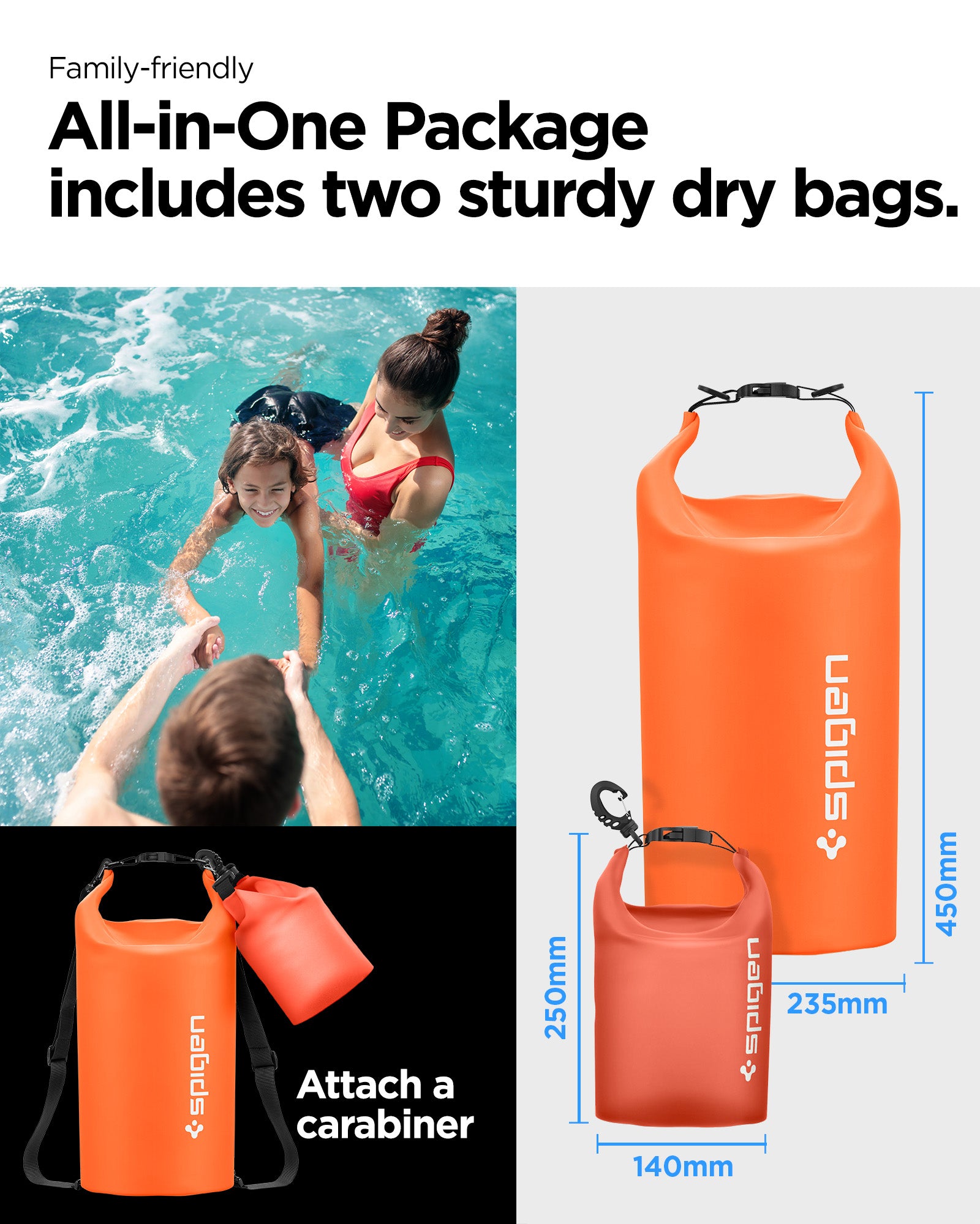 AMP06025 - AquaShield Waterproof Bag A630 in Sunset Orange showing the family friendly, all in one package, includes two sturdy dry bags with carabiner larger bag size: 450mmx235mm smaller bag size: 250mmx140mm