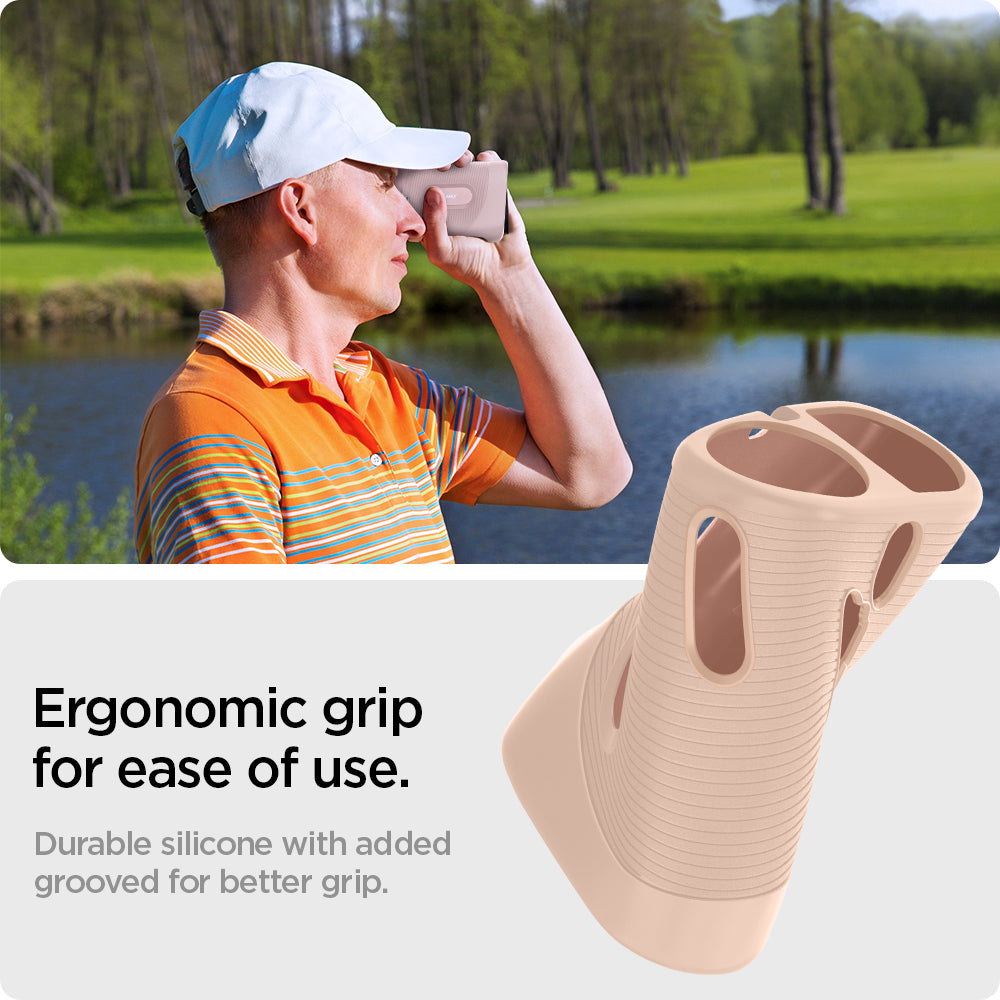 ACS04802 - Blue Tees Golf Series 3 Max Rangefinder AirTag Case Silicone Fit in soft pink showing the ergonomic grip for ease of use, durable silicone with added grooved for better grip