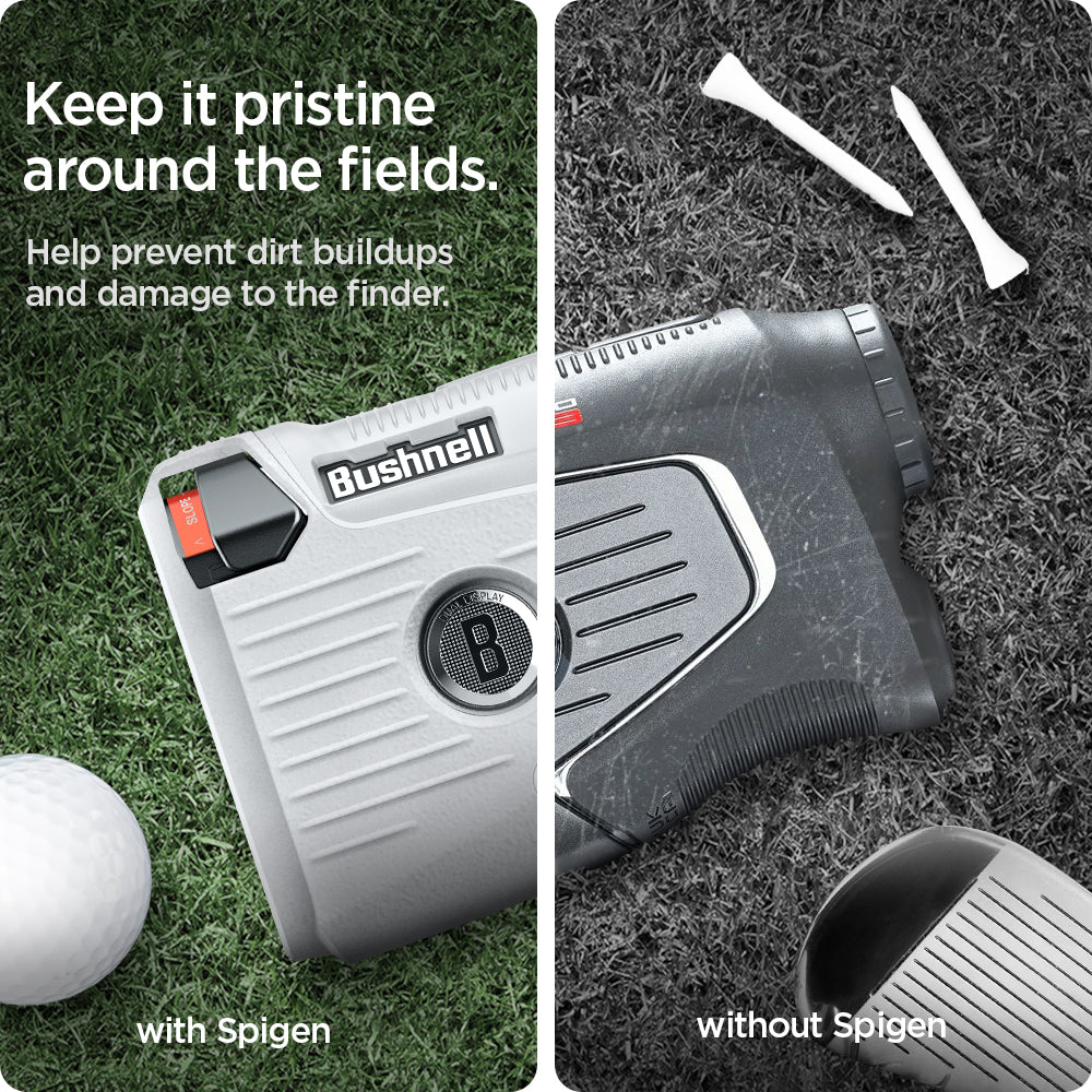 ACS06152 - Bushnell Pro X3 Rangefinder Case Silicone Fit in light gray showing keeping it pristine around the fields, help prevent dirt buildups and damage to the finder