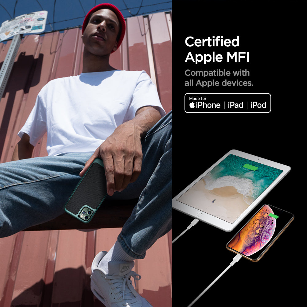 000CA26356 - DuraSync™ USB-C to Lightning Cable C10CL in White showing the Certified Apple MFI. Compatible with all Apple devices. Showing 2 devices and a man holding a device (made for iPhone, iPad, iPod)