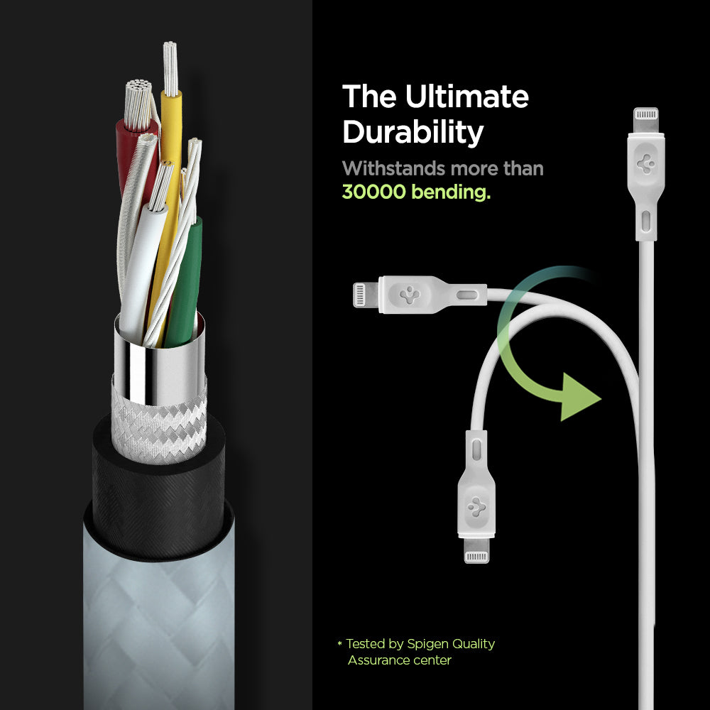 000CA26356 - DuraSync™ USB-C to Lightning Cable C10CL in White showing the The Ultimate Durability. Withstands more 30000 bending. A cable showing it's durability by bending in three directions. Showing parts of a cable wire. Tested by Spigen Quality Assurance center