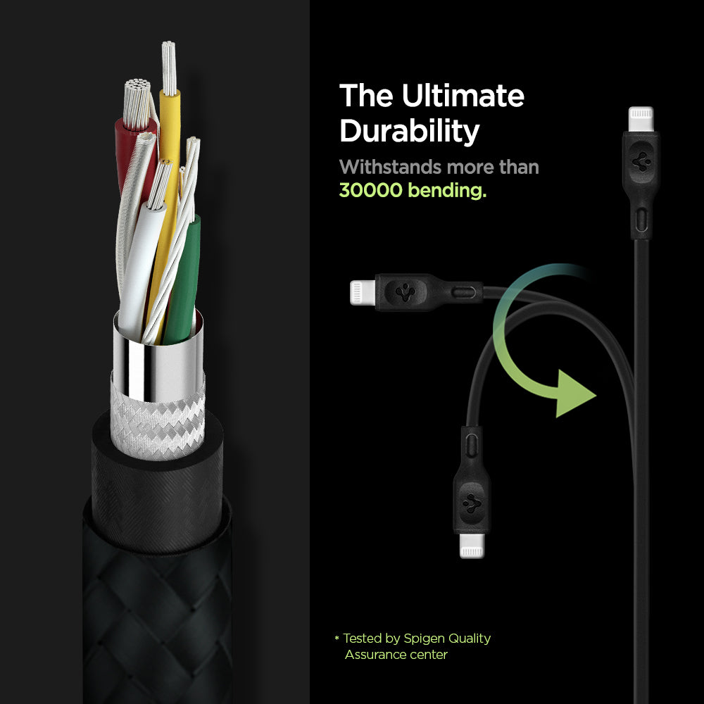 000CA27021 - DuraSync™ USB-C to Lightning Cable C10CL in Black showing the The Ultimate Durability. Withstands more 30000 bending. A cable showing it's durability by bending in three directions. Showing parts of a cable wire. Tested by Spigen Quality Assurance center