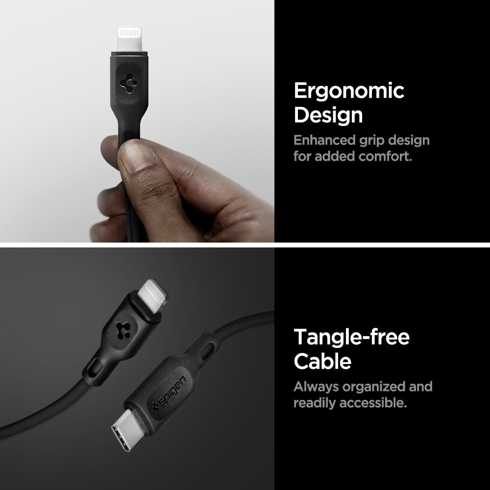 000CA270212 - DuraSync™ USB-C to Lightning Cable C10CL in Black showing the Ergonomic Design. Enhanced grip design for added comfort. Tangle-free Cable. Always organized and readily accessible. Showing a single charger head while a hand was holding it and 2 charging heads on the other side