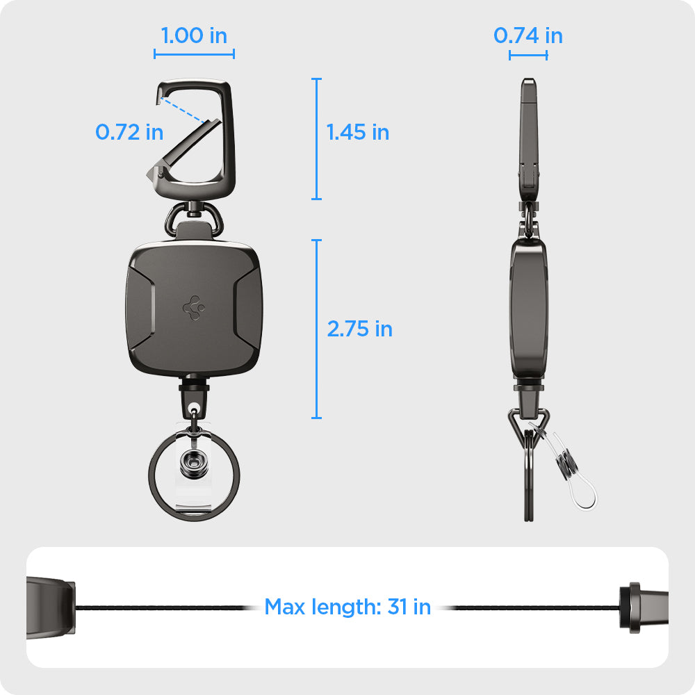 AHP03019 - Carabiner Reel Clip in black showing the sizes, carabiner: W1.00in x Clip0.72in x L1.45in x BL2.75 in x depth-0.74
max length 31in