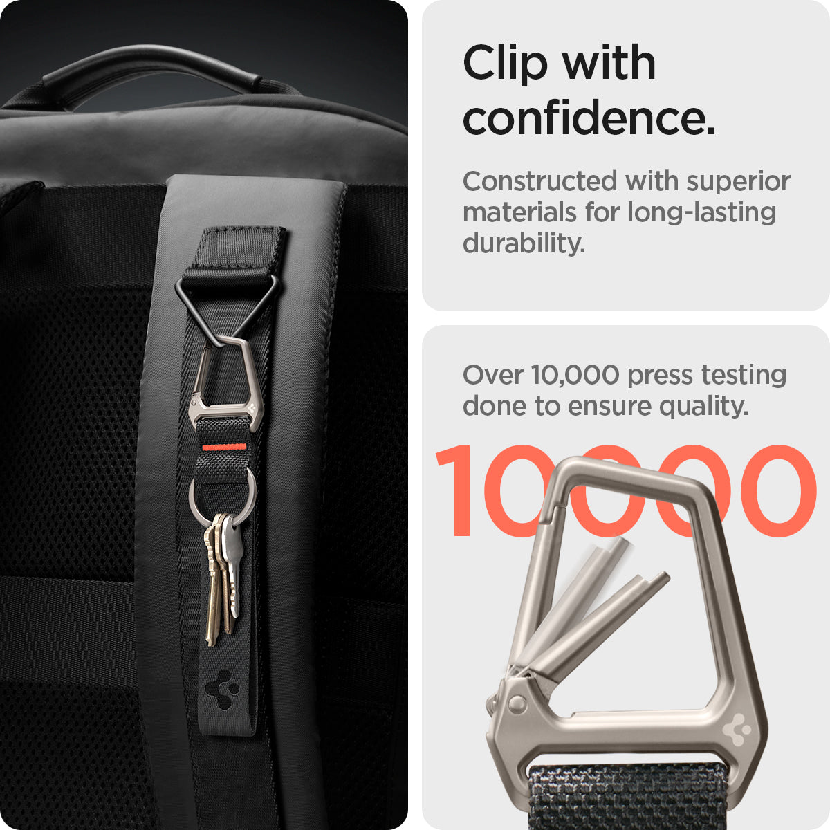 AHP05472 - Carabiner Black Strap + Key Ring showing the clip with confidence, constructed with superior materials for long-lasting durability, over 10,000 press testing done to ensure quality