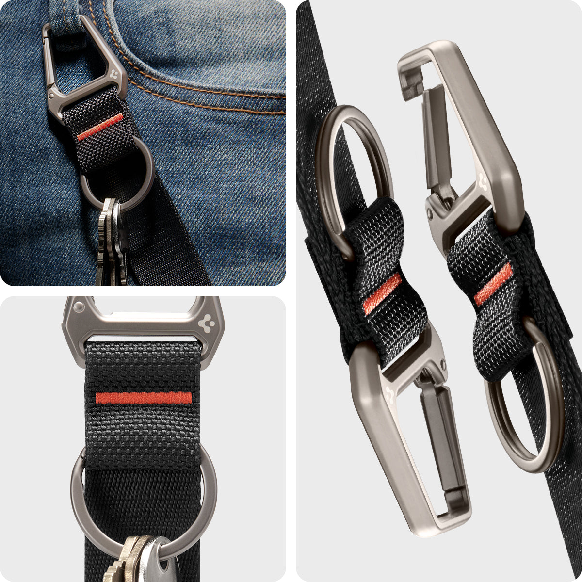 AHP05472 - Carabiner Black Strap + Key Ring showing the different angles of carabiner with strap, hook to a belt strap, front and side