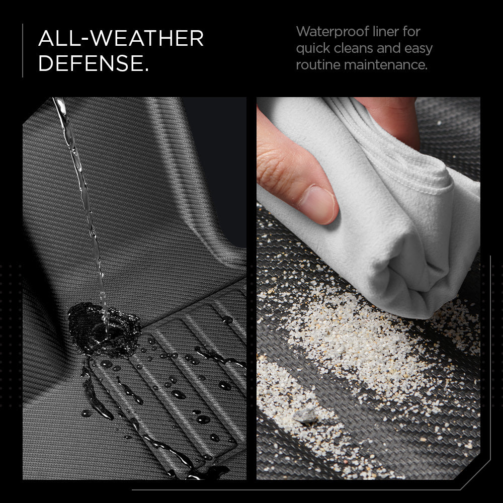 ACP08260 - Tesla Cybertruck WeatherBloc Floor Mat CLF in Black showing the all-weather defense, waterproof liner for quick and easy routine maintenance