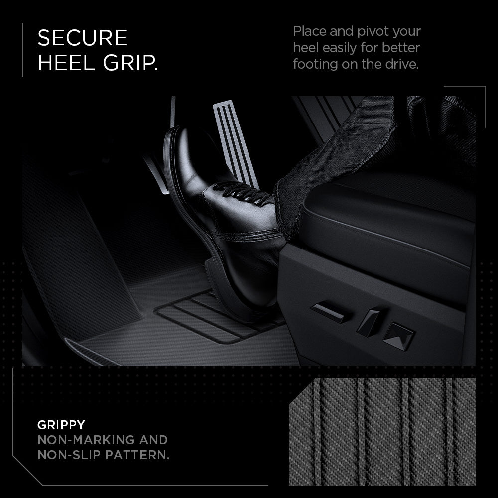 ACP08260 - Tesla Cybertruck WeatherBloc Floor Mat CLF in Black showing the secure heel grip, place and pivot your heel easily for better footing on the drive, grippy, non-marking and non-slip pattern