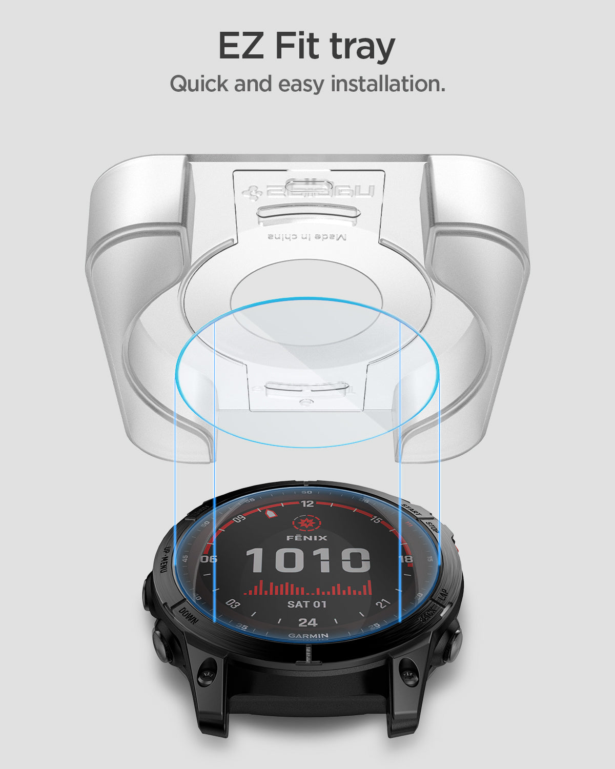 AGL04633 - Garmin Fenix 7x Screen Protector EZ FIT Glas.tR showing the EZ Fit tray, quick and easy installation