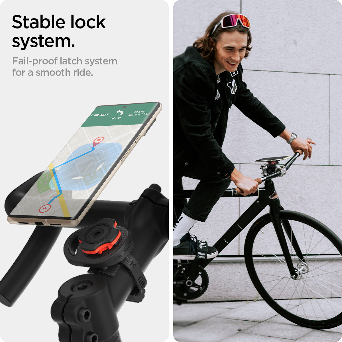 000MP25057 - Gearlock MS100 Bike Mount Stem / Handlebar in black showing the stable lock system, fail-proof latch system for a smooth ride