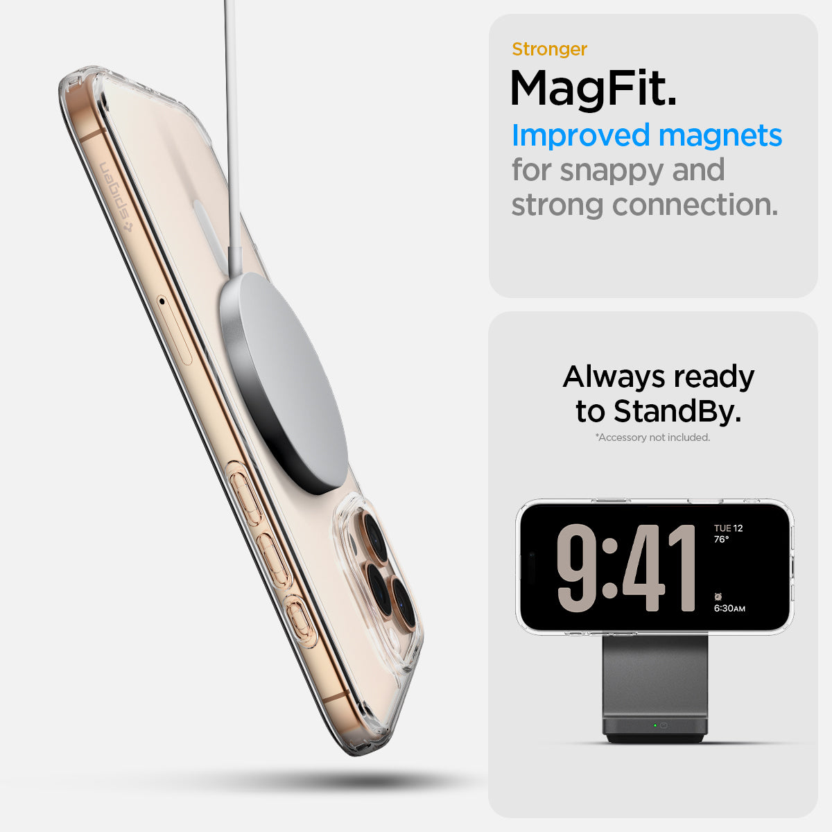 ACS08512 - iPhone 16 Pro Case Ultra Hybrid T (MagFit + Camera Control) in White showing the stronger MagFit, improved magnets, for snappy and strong connection, always ready to standby