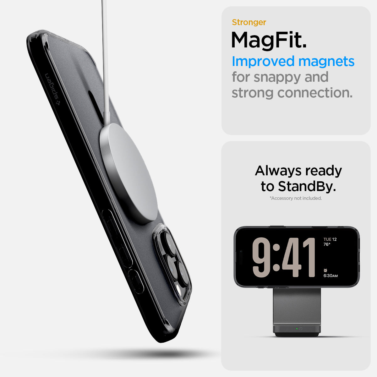 ACS08507 - iPhone 16 Pro Max Case Ultra Hybrid T (MagFit + Camera Control) in Frost Black showing the stronger MagFit, improved magnets, for snappy and strong connection, always ready to standby