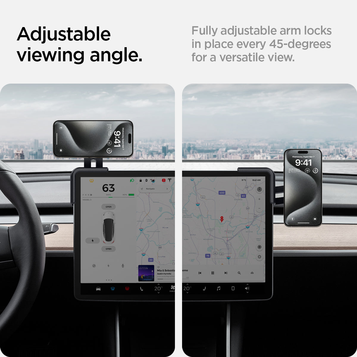 ACP07869 - Tesla Models OneTap Screen Car Mount ITLST90 (MagFit) in Black showing the adjustable viewing angle, fully adjustable arm locks in place every 45-degrees for a versatile view