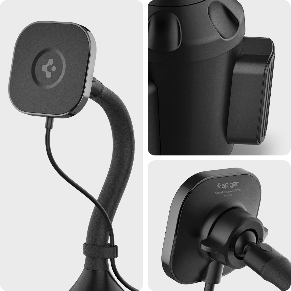 ACP03810 - OneTap Pro Cup Holder Car Mount ITS68W (MagFit)  in Black showing the front, bottom and  back of a cup holder car mount